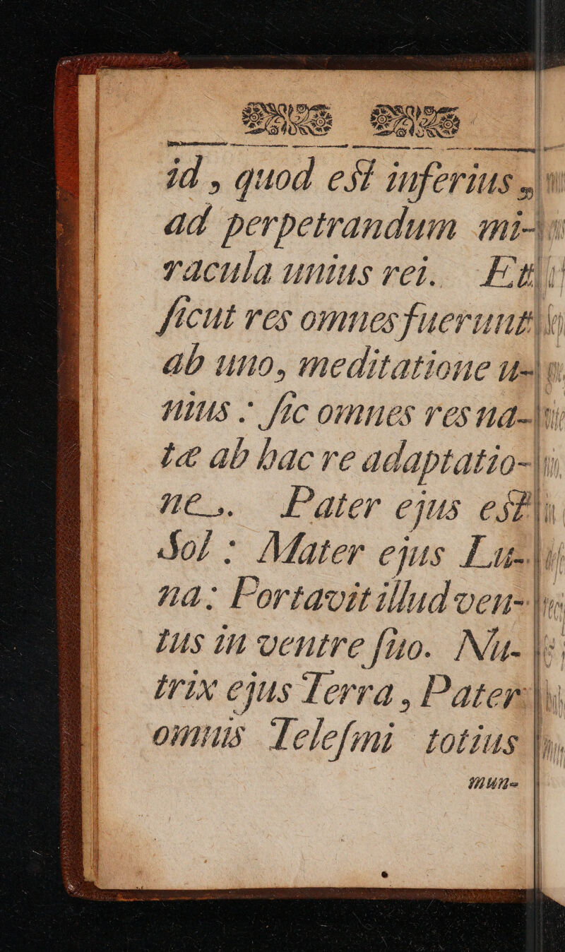 jd, quod E is jl verius ad perpetrandum anie vacula unius vei. En ficut res omues fuerunt ab uno, meditatione uy HIns z frc omnes res uad 1e 4b bac re dd laptatio ju t€. Pater ejus et Jo/ : Mater ejus Lu li a; Fortavitillud oeu-|y; Ius in ventre füo.. Nu. | IrIX ejus Terra , Pater] ous Telefzi | totius b. HH | M