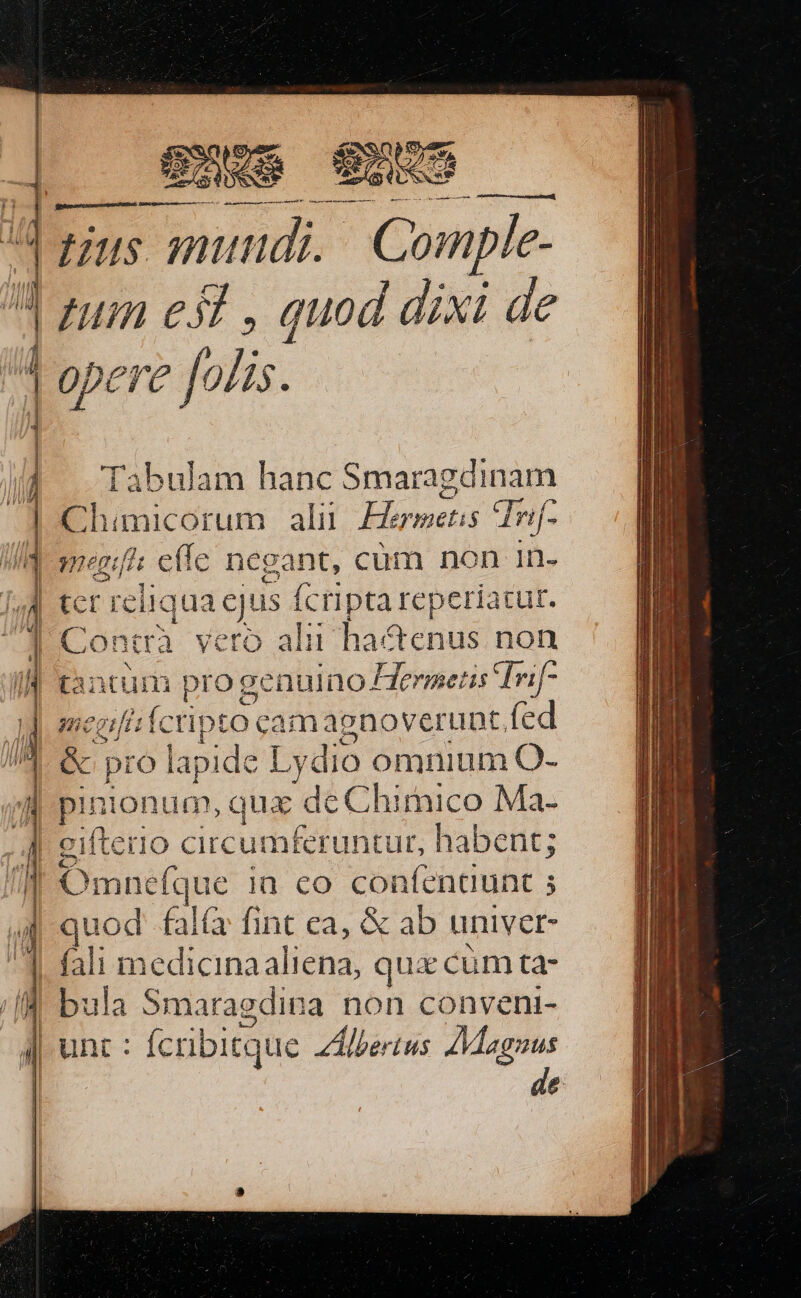 | ewe eno A tins mutidi.. Comple- ^ po e3l , quod dixi de | opere folis. Chimicorum ali Earmetis Tnf- a meri effe negant, cüm non 1n- 44 ter reliqua ej us fctipta reperiacur. j] Conua vero alii hactenus non I tantum progenulno Hermeris Tif | megrfit (cripto c amagnoverunt (ed l: &amp; pro lapide Ly: dio omnium O- JH pinionum, qux de Chimico Ma- : lo | O P. i || . Tabulam hanc Smarag dinam : j | eifterio circumferuntur, habent; | Omnefque in €o EOM ICHME 5 un quod fal( fint ca, &amp; ab univer- 1 falin $4 inaaliena qua cum ta- / [M bula Smaragdina non convenl- j| unc : fcribitque Zlberzus Magnus DP de