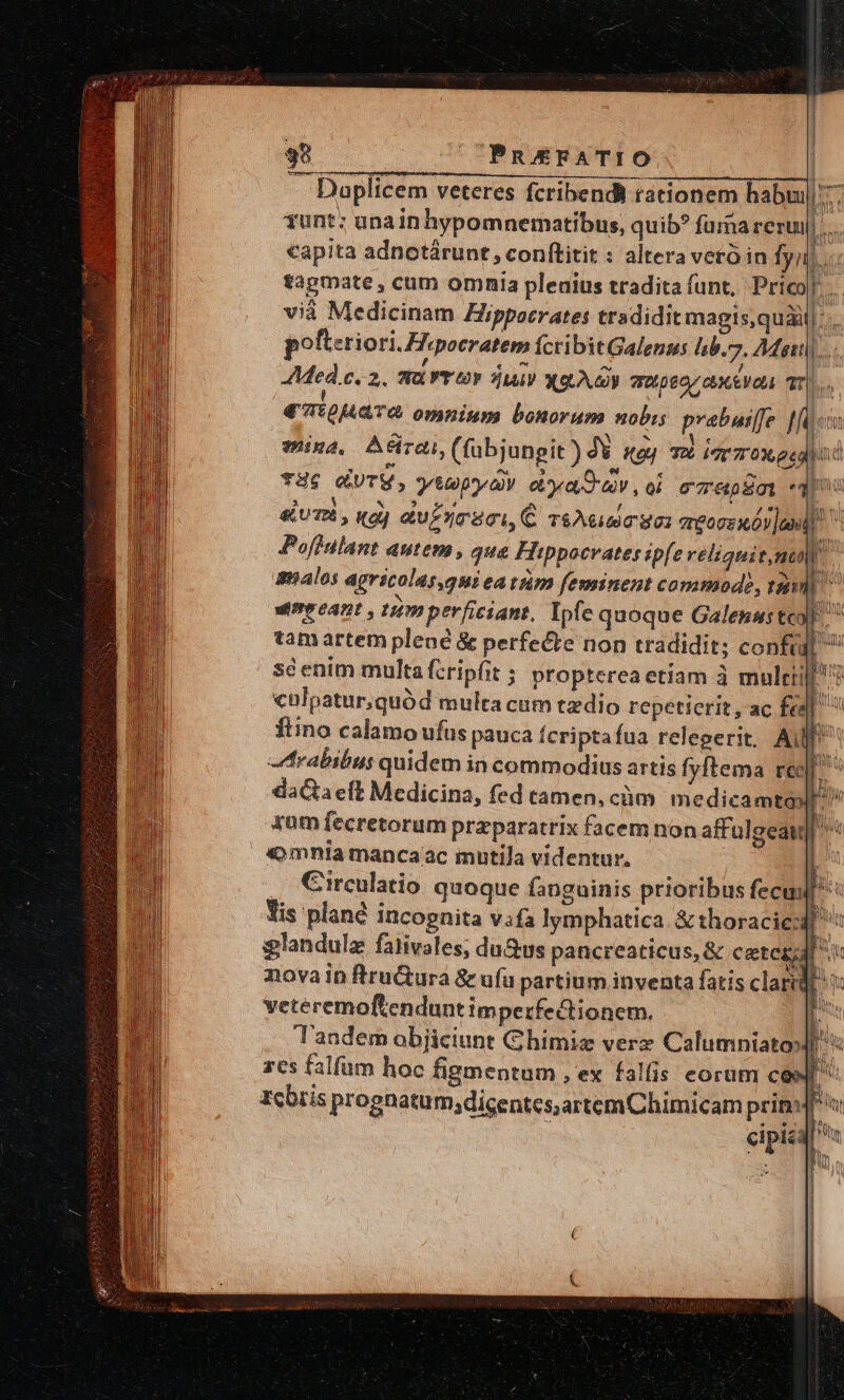 $48 PRAEFATIO | — Duplicem veteres fcribendi racion em habui Di funt: unainhypomnematibus, quib? fara rerui m capita adnotárunt, conftitit : altera vero in fyn;.. ( tagmate , cum omnia pleaius tradita funt, Prico| vià Medicinam Hippocrates tradidit magis, qui nm pofteriori.Hipocratem fcribit Galenss hb.7. AMsttl)..... Med.c. 2, WUYTTY Su XouAG auotoeo atv qr. € Tip omnium bonorum nobis prabasffe [fiu ina. Adírai, (fabjungit ) 4 Ko TÀ FATTO ecc TUS eUTM ., VL SPA ety aov , oi eapsot . pua » V NUM MO [ )* | «UT, «gj auzzmETI, € T&amp;AG cS: creoszxÓv]and 1 jen mie mua i Poflulant autem, qua Hippocrates ep[e reliqui tnu ' analos agricolas,qui catum feminent commod?, ti Ui umeeant , tm perfieiant, Ipfe quoque Galenaste E tamartem plené &amp; perfe&amp;te non tradidit; confu [- : sé enim multa fzripfit ; propterea etiam à muleiil «nlpatur;quód multa cum tzdio repetierit, ac fes] fino calamo ufus pauca fcriptafua releeerit, AU Arabibus quidem in commodius artis fyftema res ^ daGa elt Medicina, fed ramen, càm medicamte: EM zum fecretorum przparatrix facem non affulgeawu L. «mnia mancaac mutila videntur. UA — €trculatio quoque fanguinis prioribus fecu Tis plané incognita vifa lymphatica &amp; thoracic: [D $landulz faiivales; du&amp;us pancreaticus,&amp; cete T au novain ftru&amp;ura &amp; ufu partium inventa fatis clartü veteremoftendunt imperfectionem. D Tandem objiciunt Chimiz verz Calumniato» p zs falfum hoc figmentum , ex falfis corum c [ zcbris prognatum;dicentes,artemChimicam prin: i ti : ci pic: fin Pn Ul ^ Wn E UV MN j] 1 ; 1