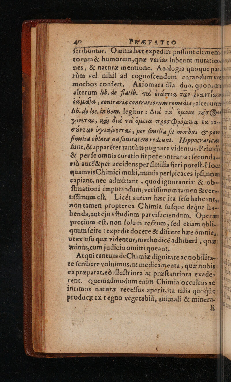 fcribuntur, Omnia het expediri potfantelemem). torum &amp; humorum,;qua varias fübeunt mutatioo, nes, &amp; naturz mentione, Analogia quoque paa. rüm vel nihil ad cognofcendum curandumved lib. de loc. in bom. legitar : Ai Td epioieo va (O99 yivsras , xa] Qd va optcia. oor poóuea, $x vas- ETE, Uy eV OVT ai » per (imtlia frt morbus C per fimilia oblata ad [amitatemvedennt. Hippocratiea qur v ; i - CC PEEEHG BAUM | Burr gui l go ww ' j ' —— &amp; perícomniscuratio fit pereontraria ; fecundas- —Ó rió anté&amp;per accidens per fimilia fieri poteft. Hoc: quamvisChimici multi, minüs perfpicaces ipfi,nom capiant, nec admittant , quod ignoraatie &amp; ob-- tiffimum eft, | Licét autem hzc íta fefe habesat,, nontamen ptopterea Ghimia fufque deáuc ha-- benda;aut ejus ftudium parvifaciendum. Opera precium eft; non folum rectum, fed etiam obli-. quumfeire : expedit docere &amp; difcere he omnia;, utex ufü que videntur, methodicé adhiberi , qug minüs,cum judicio omitti queant, Atqui tantum deChimiz dignitate ac nobilita- te fcribere voluimus,ut medicamenta, qua nobig ea przparat;,eó illoftriora ac przftantiora evade- rent. Quemadmodum enim Chimia occultosac jntimos naturz rece!fus aperit,ita talia quoqüe prodacitex regno vcgetabili, aniznali &amp; mineras HR li Li ' eec Wil XOT AB Ad i c UU ES zx 2 a I C E e : I ——— ——— Pm x —