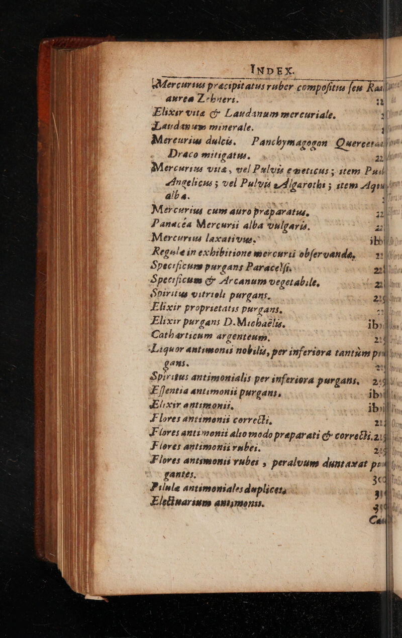 | [i INDEX. , Mercurius pracipstarus ruber compofitia fees aa anrea Zebaeri. a Elixir vita ($* Laudanum mercuriale. 1l d:Leudas em minerale. cd Mereurim dnicis. Panchymanogan Quereetai j i : Draco mitirdtus. s aM Mercurtzs vista , eel Palos eaetins ; stem Pu ednaelcus s vel Pulun a digarotln stem dgaui alb 4. $e 1 Mercuri cum auro brépavatus, aM Panacéa Mercursi alba vulvaris. B -Mereuriia laxativus.- ibt? Kegnle in exbibitionesmercurii obferuande, — 11) Spectficums purgang Paracelfi.- E pecifictém cft Ldrcanum vegetable, 2 pzritus oitriolt párgans, 210 Elixir proprietatis purgant. ao Elixir purgans D.Micbaélu, bye Catbarticnm argenteum. d ; Liquor antimonas nobilis, per inferiora tantum prd, ans. | ah d Spiraus antimonialis per inferiora purgans, | 2:3. I E fJentia antimonii purgans, ibl: Hi AE lixir antimonii, ibi Ó JF loves antimonis corretdt, 2! ! E JFloves anti»nonii alio modo preparati qf» corvetH, 2! | iln EI Flores antimonii vnbei. zu. m iu Flores antsmonis vubes , peraluums duntaxat pto n gante i MO Pine antimomales deplicess | 34 | | f Elstinarium amimons. j ÉL,