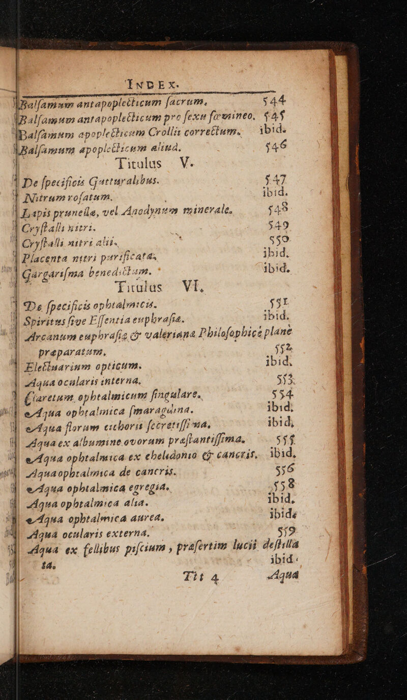 | mpm antapopicilicum n facrum. $44 La alfamnuza astavitle cum pro [exu fowineo, $45 P PT lf amm apoplettic: «n Crollis correctum. ibid. LBal[amum 4p aee aliua. : $46 ] Titulus |. V. 1 De fpecificts Gutturabbus. $47 ibid. l INutrum vofatum. | ag pis prunede, vel Anodynum reiutvale, $49 ] Coftali uis ri. | | $49 ] eof alli nitri alit, e $59. 4 Placenta nitri perrificatas ibid. | Gang earsi[(ma benedictam. ibid. | Tiulas Vf. ; qe fpecificis opbtalmims. $91. 1 Spirit: «s fiue Effei Mie E $6. 1bid. ] Arcanum euphrafia ct valeriana Pbilofopbice plane |J preparati, $52 1 Elelluarium optictm. ibid, | dqua ocalavis tnterna, 513. 1 £a pbtalmicum fiagulare.. ; | Qiaretum. op fe $54. a | e^d2ua ophtalinica fmaragaima. ibid; 3j qua florum euborm fecreti 7A, ibid; IJ adqua ex albumine ovorum praflantiffrma. $$5. | eua ophtalnica ex ebeldonia. ($; cancris,. iDid, qi dauaopbralmwa de cancers. 556 || eua opbtalmica egregét-. $58 M 2daqua ophtalm:ca aha. ibid, Hl e-daua ophtalmica aurea. ibide II. 24aua ocularis externa. $19 o qua ex. fellibus pifcium , prafertim luci. deflula | ^44. ibid. Tit 4 dqua