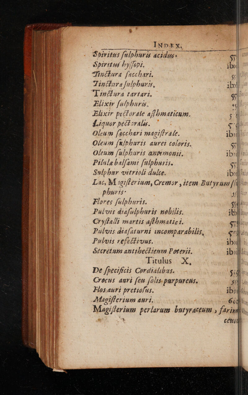 We ceti IN»tx. qr Spiritus filbburis a atidus. — n Spiritus hyjfopi. . jbel Jiniiura facchari. , Tinifara Jalpbura, ibo Iéindlura tartari. s Elixtr fafpharia., « Elixir pectorate afl bmaticum. ;W f.iquer pectorales. eq rit facchari magiffvafe. ibl Oleum finburis aurei coloris. $1 Oleum fulpburis ausmonii. ibl! Pille balfam: fatphuris. e bees vutrtoli dulce i» no ' Lac, M wifferium, Cremor , epa Butyr am [ho phuris- 4f li : Flores falpburis. s Pulvis diafalphnris nobilis. ibl: Cryflali martis af bmatic i. e li Pulvis diafaturni uncomparabilis, end Pulvis vefettivus. ibl étcretum anttbecitenm Poterit. dbi litulus X, 1 De fpecifrcis. Coratalibaus. $i T Crocus agri feu falis.purpurens. 5 | | Flos.auri pretifus. ibi Magifferium auri. 6( li Mag: lerium periarum buryractum » fariam,