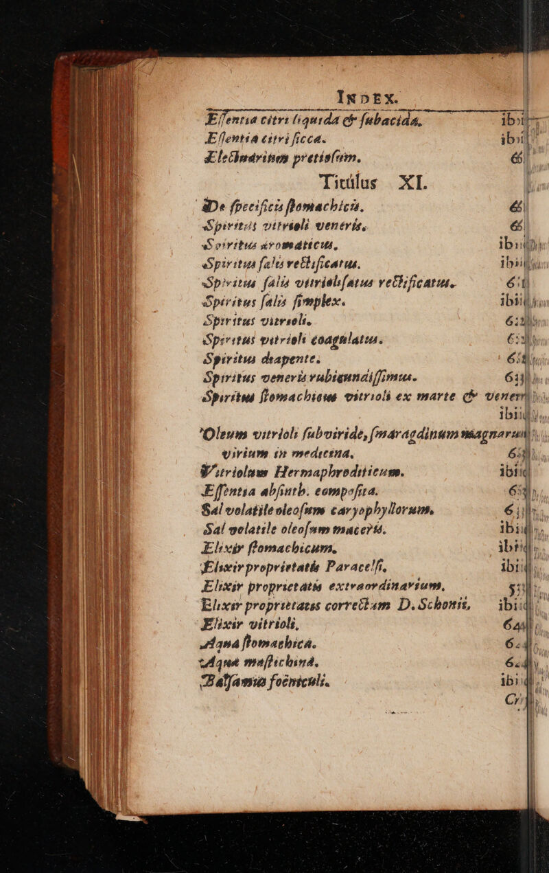 Ix5tx. [736 RREFERSEPRORERSPUHQUAS YEXRCSE OA SUdlSReS HrNeNe Ru es Elentia citri (quida e fnbacida. ibo KEflentia eciivi ficca. ib  ji sElechudritom pretisíum. 66 Tidilus XI l &amp;De fpecifici fbomacbicas. éi Spiritit vitvéeli venerís, 65 xS osritus sromdticus, ibi: Spiritus falti veElificatus. iiit Spivitis falia vttrieli[utus vethificatus.. ét) dpiritus falis fimplex. ibis. Spiritus vitwsolt, 6: Spiritus vitvioli eoagnlatia. 6i Spiritui diapente, 6i Spiritus veneris vubiqunaiffimu. 6i Spiritus flomachious estrioli ex marte (&amp; venemyi ibiily, Oleum vitriol foboiidi femnaragdinsam siagnarun!:. Qirium. 1 meditena, 6530, W'itrioluus Hermaphroditicum. ibiid Effintia abfintb. eompofrta. 653)» Sal volatiteoleofum caryophylorum, 6 iil. óal welatile oleo[mm mace?té. ibiql:. Elixir ffomachicum. ibsq.. JKEliscir proprietatis Parace!f, ibis. Elixir proprietatis extraordinarium, s Elixir proprietates correibam D.Schoiiz, — ibi Elixir vitrioli, 6a lana [lFomashica. 6:4 uique majhichina. «d BalJamiia focmiculs. Ss,