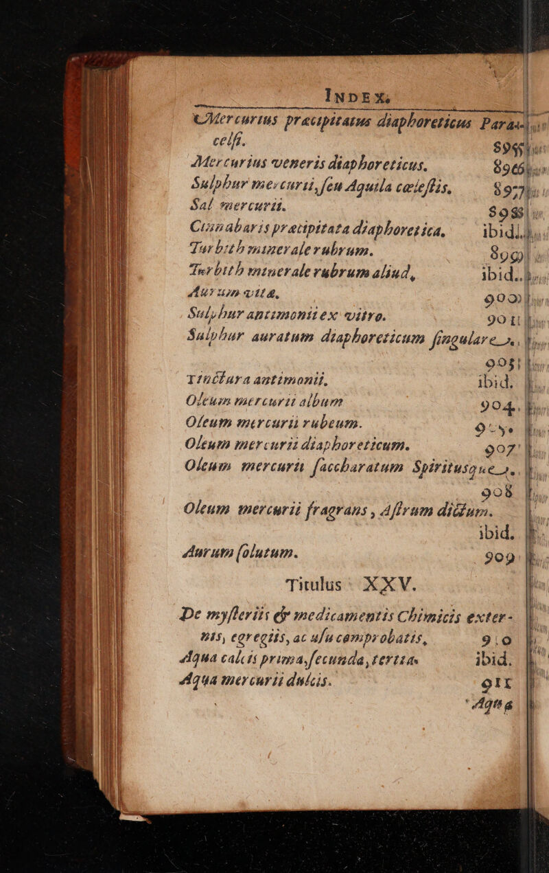 INDEX, f CMercuritus pracipitatus diapboretius: Paras-u. ceifi. $945lu: ercurius veneris diapboreticus. 89665. Sulpbur mercurii, feu Aguila celeffis, $977): $al mercurit. $9$$|u Cranabaris pratipttata diapboretica, —— ibidi. T Tur bith mineralerubrum. B$9gl; Terbitb minerale vubrum aliud, ibid. by, Muy um qta. 990 by; Suis Pur apntimonitex vitro. 90 tt ll Saiphur auratum diaphoreticum finaulare n los, 9951 Ls T!54lara antimonif, ibid. f. Oleum mtrcurtt album 904... Oleum mercurii rubeum. 9tsy n Oleum mercurii diapborezicum. 997: lk. Oleum mercuri faccbaratum. Spiritusa e Au | 998 |[ Oleum mercurii fraerans , Affrum dii£um. 1 an BU duruta(olutum. 909. l Titulus; XXV. à Dp De myfleritt ej medicamentis Chimicis exter- 815, egregiis, ac ufu campr obátts, 9:0 p 413ua calcis prima. fecunda, tertia. ibid. & ^ 4qua mercurii dacis. eI (9n