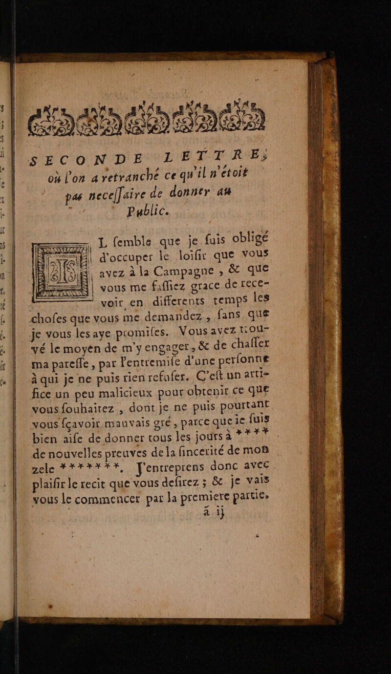 LE sa, KA Ag is een afas SECONDE LETTRE; où l’on a vetranché ce qu'il n'étoit pas necellaire de donner 4% Public. L femble que je fuis obligé | d'occuper le loifir que vous KA. avez à la Campagne ; &amp;t que À | vous me fafiez grace de rece- voir en differents temps les chofes que vous me demandez , fans que je vous lesaye promiles. Vous avez HOT vé le moyen de m'y engager, &amp; de chaffer ma pareffe , par Pentremife d’une perfonne à qui je ne puis rienrefufer. C'eltun arti= fice un peu malicieux pour obtenir ce que vousfouhaitez, dont je ne puis pourtant vous fçavoir mauvais gré, parce que ie fuis bien aife de donner tous les jours à Mir de nouvelles preuves dela fincerité de moB zele ***YXXYX, T'encreprens donc avée plaifir le recit que vous defirez ; &amp; je vais vous Le commencer par la premiere partiCe a il