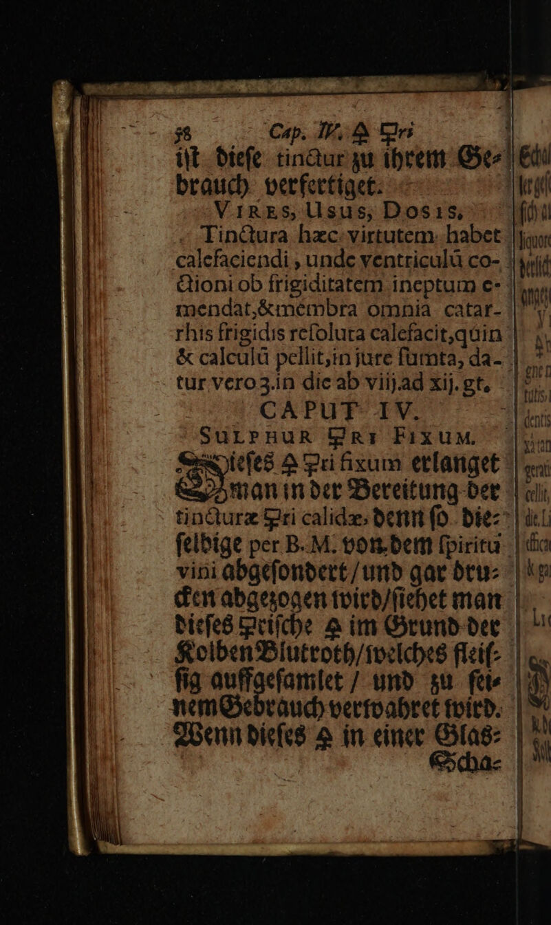 21 braucd) oerfectiaet: VIRES, Usus, Dosis, - Tin&amp;ura hzc. virtutem. habet CAPUT IV. SurPHuR lagi FixuM. eds 2A yrifixum etíanget ian in occ Dereitung bet felbige per B.M. £01. bciti (piritu vini abgcfonoert/unb gar btt bicfed qeiícbe &amp; im Orrunb bet f oiben?Bluttotb/tecicxs ficif- fig auffacfamlet / unb su. fet liquor wid | ant AUAM bv Un | clit | dL -[idfra ET | T