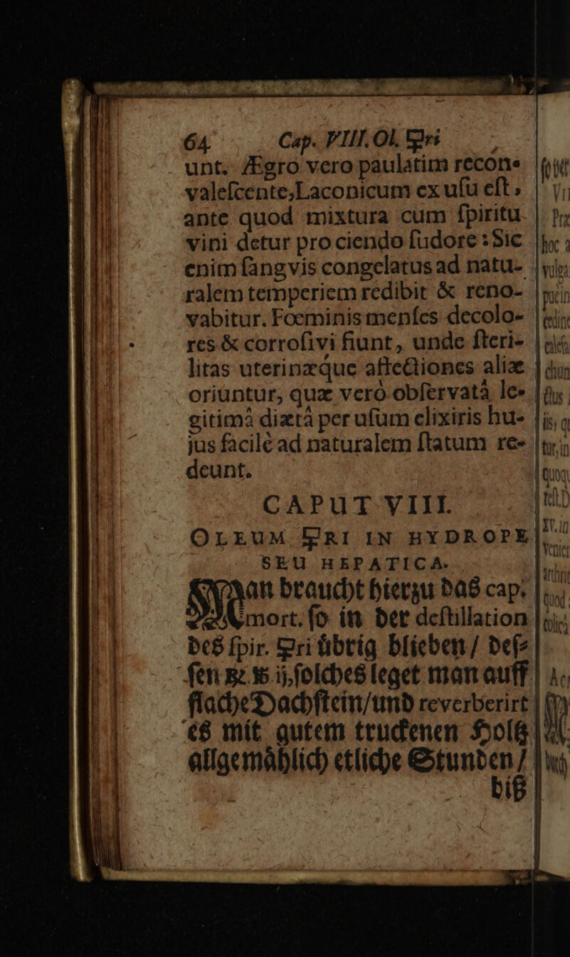 unt. ZEgro vero paulatim recone (ut valefcente;Laconicum ex ufu eft; |j; [| ante quod mixtura cum fpiritu. | y; LN vini detur prociendo fudore:Sic |); 1l enim fangvis congclatus ad natu- yj: i ralem temperiem redibit &amp; reno- |»; vabitur. Foeminis menícs decolo- |i; res &amp; corrofivi fiunt, unde fleri- |o litas uteripzque affectiones aliae | à | oriuntur, quz vcro obfervatà le» |o. | gitimà diztà per ufum clixiris hue |i« '' jus facilé ad naturalem ftatum ree |t; deunt. Qux E | | l | CAPUT VIII. La Vll 5EU HEPATICA: ihi S btatcbt biergu Pa8 cap. |... Xmort.fo ít bet dcftillation |;i- - bc8 fpir. gri üibtig Dlicben/ bef^ * fen 5i; folcbes leget man auff | à. a flacbe:Dacftein/tmb reverberirt | (9) || «€8mit gutem trudenen 5oli 154. allaemáblicb ctlicbe MeiuE: 7 ! Mb IB! | | | | Ve lam