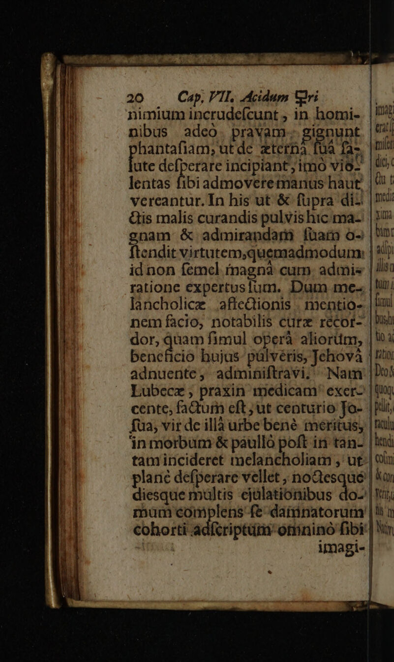nimium incrude(cunt ; in homi. | 1/2 nibus adco. pravam. gignunt. |97/ hantafiam, ut de zterna fua fas. |a ute defperare incipiant;imo vios |o. lentas fibiadmoveremanus haut. |! ! vereantur. In his ut &amp; fupra diz |! Qis malis curandis pulvishicima-: | 1 gnam &amp; admirandari fuam o- | oum ftendit virtutem,quemadmoduim | €? id non femel Ámagnà cum: admis | //si ratione expertusfum. Dur me. |! lancholice aficQionis . mentio-. | Ui nem facio, notabilis cürz' recor-- | Di dor, quam fimul operà aliorüm, |^ à Benceià hujus pülvéris, Jehová | tu adnuente, admuniftravi,. Nam | Doy Lubecz , praxin medicam exer-' | Qu cente, fatum cft; ut centurio To- |i, fua; vir de illà urbe bené meritus; | ii in morbum &amp; paulló poft iri tan- |i tamincideret melancholiam , ut-| ou plané defperare vellet , noGesqué | kar diesque multis ejülationibus doc | Yi mum complens fe daidnatorum |i n cohorti adfcriptüra- omnino fibi | Xi | umagi- |