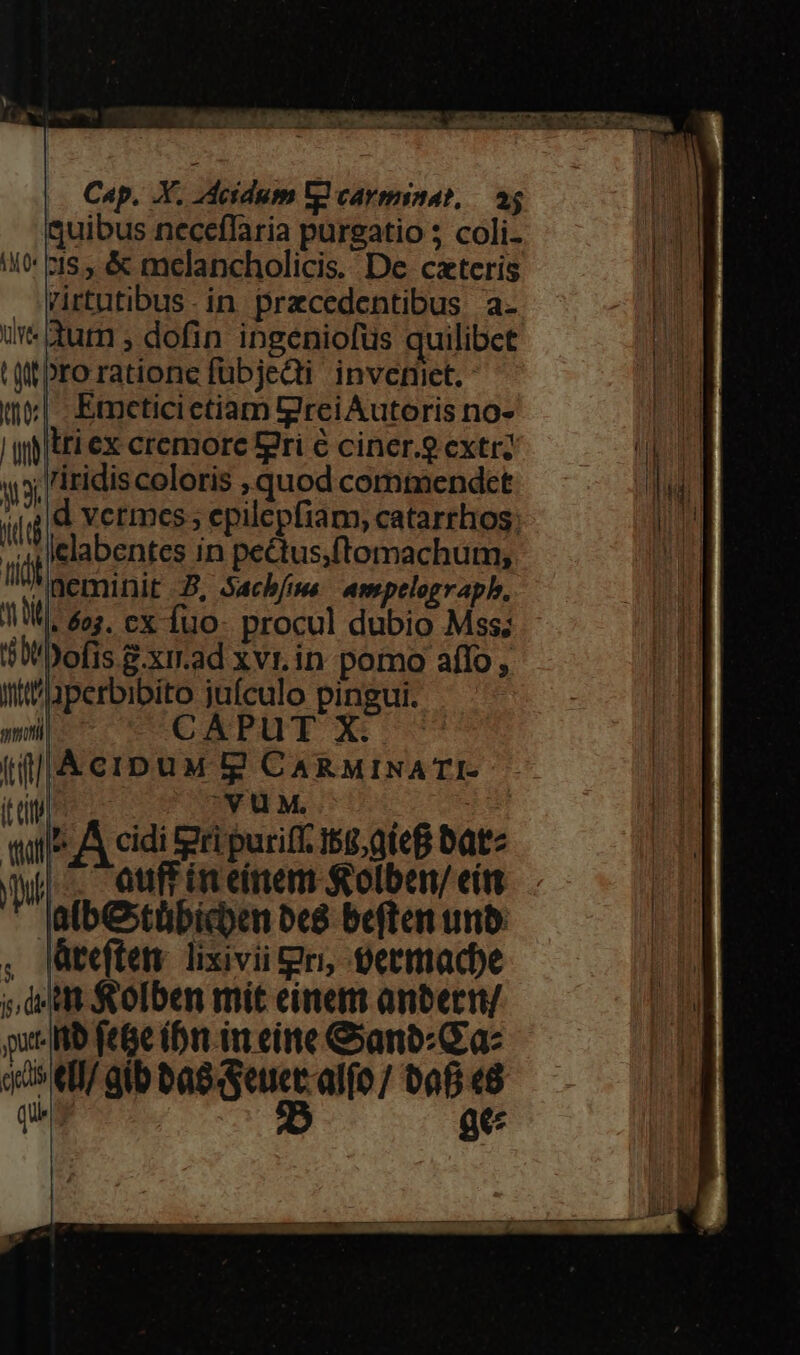 Cap. X. Jdeidum Ve cavminat, — a5 quibus neceffaria purgatio 5 coli- i0 c5, &amp; melancholicis. De cxteris Virtutibus. in pracedentibus a- i'- dum ; dofin ingeniofus quilibct (qu ro ratione fübjeQi inveniet. | Emcticietiam tgreiAutoris no- yjyitri ex cremore fri € ciner.9 extr; ya. riridiscoloris , quod comtnendet il d d vermes; epilepfiam, catarrhos: A lelabentes in pe&amp;tus,ftomachum, ll nemini B, Sachs ampelograpb. 11, 6os. ex fuo- procul dubio Mss; $0 Dofis.gxir.ad xvr.in pomo affo , aperbibito juículo pingui. ETAT US (JA ciDuM tg CARMINATI- til | vU M. | b 5. A cidi gripuriff. 168,0ieB bate ; Au in einem &amp;olben/ ein |atbestübid)en oc beften unb: , lteften lixivii gri, germacbe ;, duit o[ben mit einem antern/
