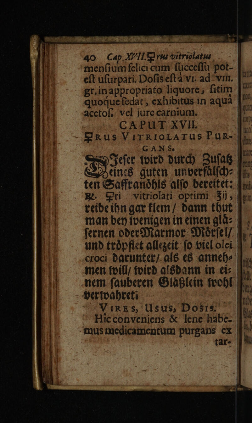 menfium felici cám fücceffu pot- acctof;. vel jure carnium. CAPUT XVIL ERusViTRIOLATUS PuR- ANS G ^ Syd fvírb butd) SufaG L. E. üri vitriolati optimi 3i) man be fvenigen in eimen alà: | unb ttópfict allicit fo otel olei. | men foitl/ foitb at$bonn in eic qu. men fauberen: 68glcia foot | oertoabteti s Vings, üisus,Do$ie — | Hicconveniens &amp; lene hábe-. p tare |