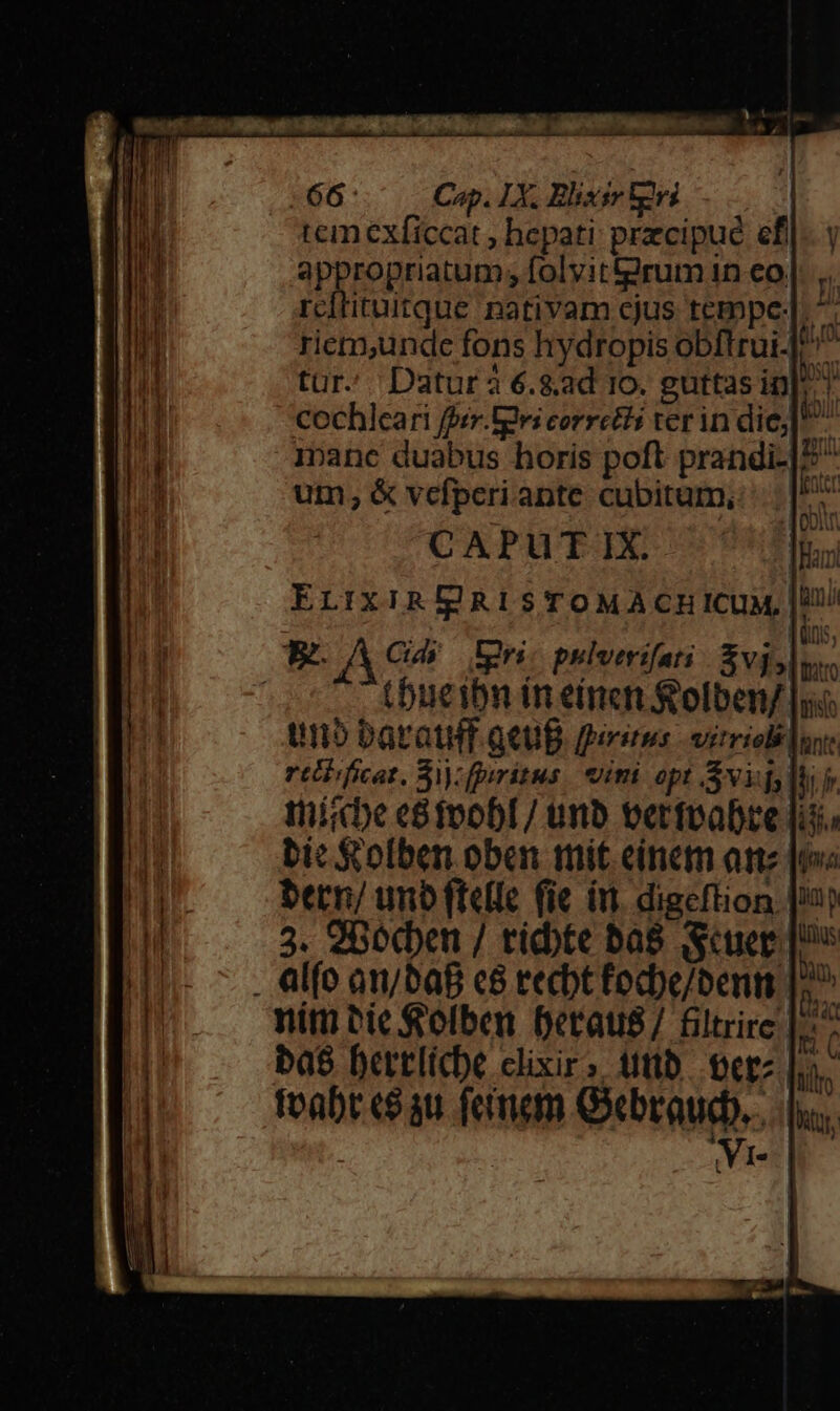 66: Cap. LX. Blixsr levi tem cxficcat hepati przcipué ef appropriatum; folyittgrum in eo. rcitituitque nativam cjus tempe ^. riem,unde fons hydropis obftrui- a tur. Datura 6.8.2d 10. guttas in]. cochleari fPrr-Uges corretli ter in die;] 1Danc duabus horis poft prandi-|5 um; &amp; vefperiante cubitum, CAPUT IX. ELIXIRIERISTOMACHICUM, E WA pr. psiverifati $vj, 7d (bueibn in emen &amp;olben/ ls unb baratHf aeuB. purims - virrioli lone rtbificat, 3i) fpiritus eimi opt vi hr tiíicbe e&amp;foobI/ umb vertvabre bie S 'olben oben mit einem ome | bern/ unb ftelle (ie (m. digefiion | 3. Qbocben / ricbte ba$ cue . al(o an/baB c8 recbt focbe/benn ním bie olben Deraus/ filtrire |. ba$ berrlicbe elixirs ttb oerz Lo. foabt e$ au femam Gebraud... VI.