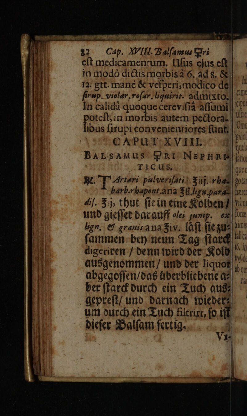 $2 — Cap. XVI. alam tiri cít medicamenrum. Uus ejus. eft. in modó didismorbisa 6, ad $. &amp; l 12: gtt. manc &amp; vefperi;modico de).  firmp. violar. vofav. ligmirit. admixto.) ET In calidà erc cerevifià affami| Wy md morbis autem pe&amp;ora- | 7 ibus firupi convenientiores funt | 7 C XPUT;XVIIL. pP. BALsAMUS IpRi NEPHRIS ji TICUS. 1! Quer R. Tre pulverifati: fij. vhaz pa barb.rbapoent.àna $0. paras att 4f. 35, tbut. (ici eime &amp;olbeng Ya unb gicflet bacauff elei jump. — ex ons gn, 68 granisana Siv. làft fic su* ^ fammen- bay nam Zag ftare) digcriren / benn tpiro et olU ausgenommer/ unb bet liquoB |. abgegofjen/oa8 üiberbliebene az |. ber ffatcf Dutcb ein ud) au8 aepreft/ uno baritad). foiecbctz uiti ourd ein uc filtri, fo itl biefer 2Dalfam fertig... JA Y- n4 lid