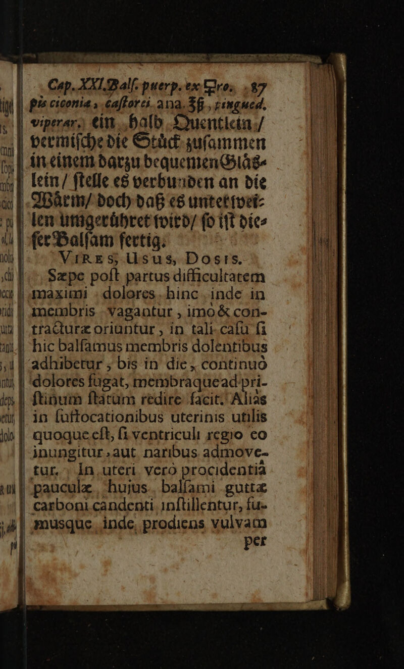 | ! | Cap. XXI.g34lf. puerp.ex dvo; .87 in pis ciconia , cafforci ana. $8 , rimgmed. s [| viprrar. €in.. alb SOuentlctn / ;,| ectimifebe bie xtd: sufammen j; | Ar. einem bargu bequeme G^la8- jj | [ein / ftelle e$ oerbunben an bie à; | 2Bütin/ boc) baB «6 uritettoei: i p len ütigerübret toito/ fo ift bito 4i [fee alfam fertig: | ul. VrRES-Usus, Dosrs. (li |... Spe poft partus difficultatem ct f maximi : dolores. hinc inde in iij || zmenabris - Vagaatur , imo &amp; con- uy f t£radura oriuntur ; in tali-cafu fi 314 hic balfamus membris dolentibus ; [adhibetur ; bis in dic, continuo t | 'dolores fugat, membraquead pri- ix | ftit ftatüm redire: facit. Alias «| in fuffocationibus uterinis utilis i» || quoque eft fi ventriculi rcgio co | Ànungitur,aut naribus admove- | tur. ' In. uteri vcro procidentia ii f pauculz , hujus. balfami gutta |! carboni candenti inflillentur, fu- i | imusque. inde, prodiens vulvam ul per