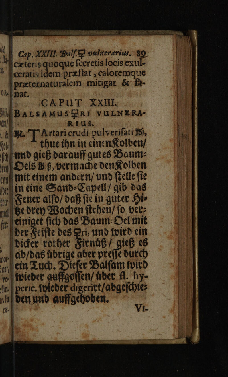 (popa dri dae tolli ieied- lmieliRe n. X T Ry : e ab Cap. XXII. qBalf C oulterarius. $0 I czeteris quoque fccretis locis exul- ' fceratis idem praftat ; caloremque |praternaturalem mitigat. &amp; fa- ih CAPUT XXII. WBarnsAMusügRI vuLNERA- ttl R1US. . kERC. [ Artari crudi pulverifati $5), M thue ibn itt cincnítofben/ (j| tto gicB barauff qute$ Daun (9E ODel6 5.6, oermacbe benstolben qy p mit einem anbctn/ unb ficllc (ie hof im eine &amp;anb«Gaptll/ gib 5a8