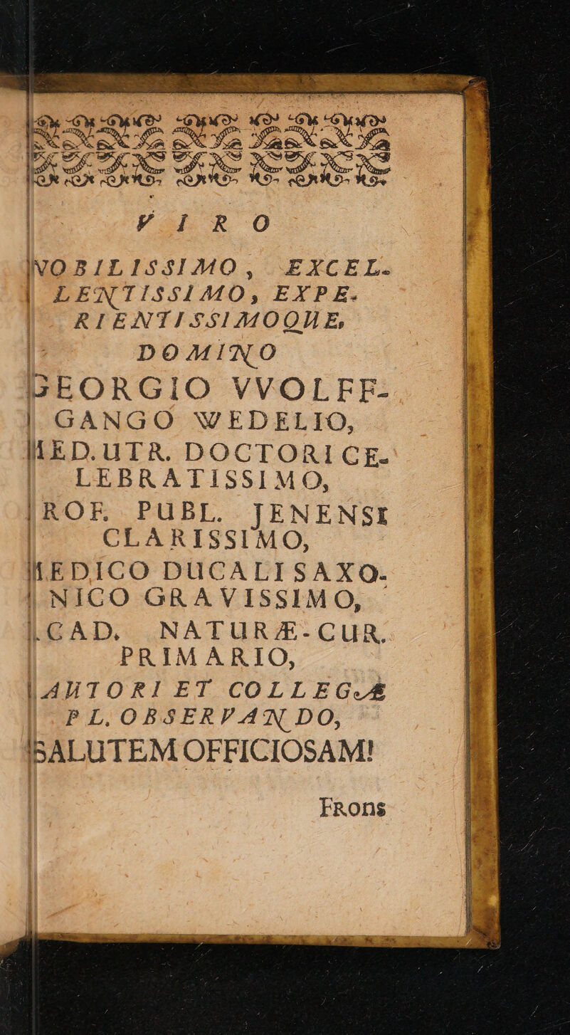 lIVOBILISSIMO, EXCEL. LENTISSIMO, EXPE. RIENTISSIMOOHE : DOMINO GEORGIO VVOLFE- I GANGO WVEDELIO, HWED.UTR.DOCTORICE. LEBRATISSIMO, IROF. PUBL. TENENSI CLARISSIMO, ILEDICO DUCALISAXO. | NICO GRAVISSIMO, I.CAD. NATUR/E-CUR, PRIMARIO, I.J4UJTORI ET COLLEG.£&amp; PL.OBSERFVAN DO, IBALUTEM OFFICIOSAM! FROons