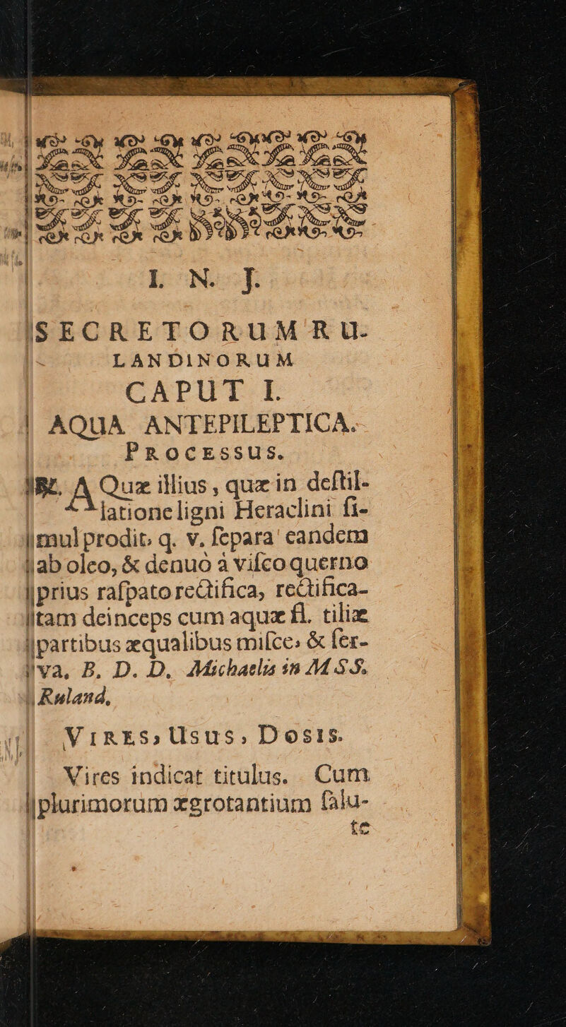 NX - .w A HD L] —— P ——— Loop SECRETORUM RU. | LANDINORUM CAPUT I | AQUA ANTEPILEPTICA. | PROocESssUus. IB. AQue illius, quz in deftil- lationeligni Heraclini fi- | mul prodit, q. v. fepara' candem lab oleo, &amp; denuo à vifcoquerno prius rafpato retifica, redifica- lItam deinceps cum aqua £l. tilize lIpartibus qualibus miíce: &amp; fer- iva, B. D. D. AMichaelis in M 55. A Ruland, VIRES,Usus, Dosis. Vires indicat titulus. Cum lIplurimorum xgrotantium falu- te