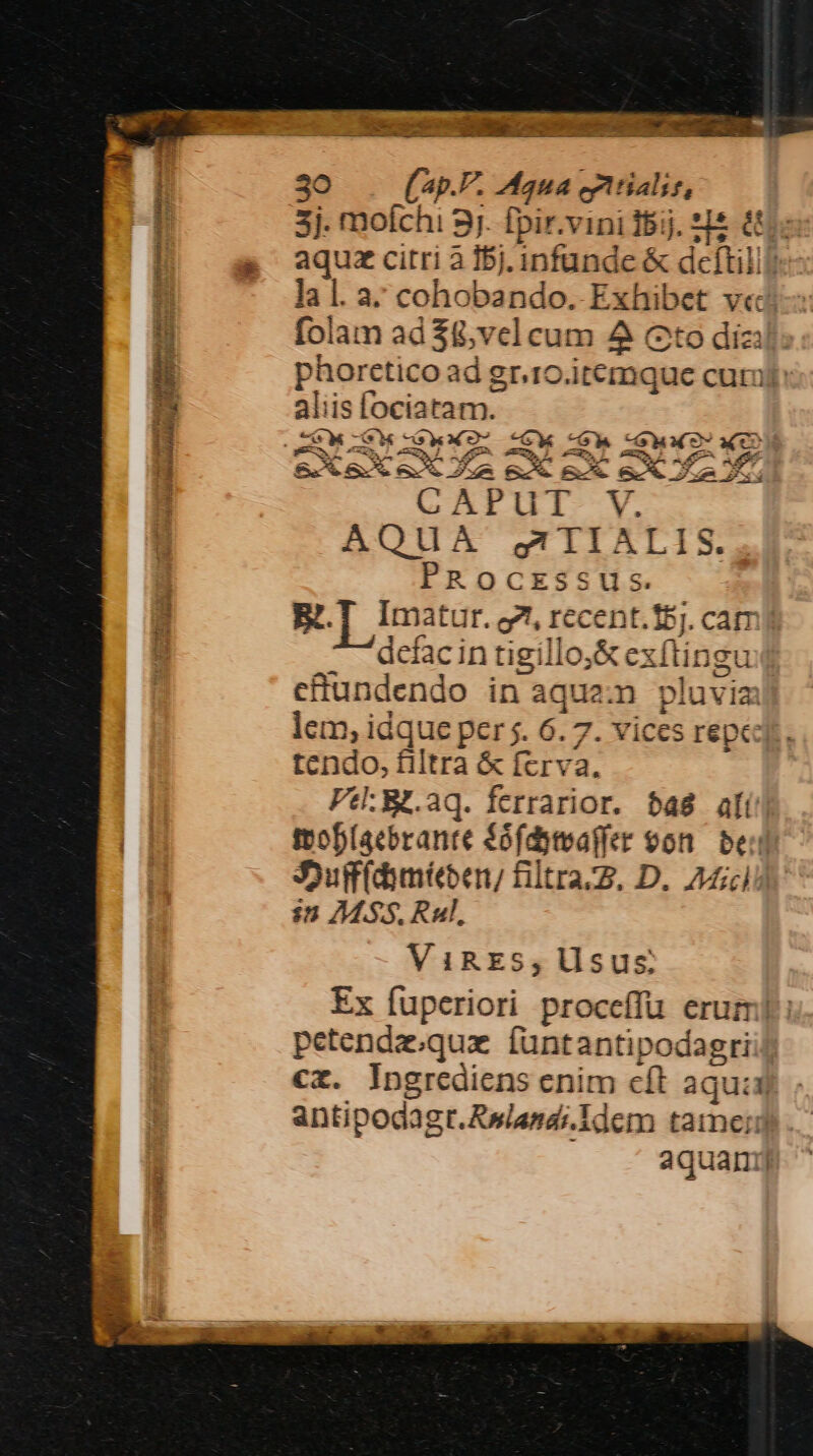 Jo ESSET Ro x S ROG ERG 1 on BR i 5c MAN, SUB MoR Lrmet I : Rec 1 M FÉ e —— -————— án stke: ,. ^y zi x Vi PEE s. - fut. E 5j. molchi 3j. fpir.vini IBij. z]&amp; 6c: aquz citri 3 15). infunde &amp; deftilll la l. a cohobando. Exhibet v«c folam ad $8,vel cum 4 Cto dizi: phorctico ad gr.10 itemque cur: aliis fociatam. am Am E AU a b 452 d ri £c C ex Ju m JX m mu ua. CAPUuT V. AQUA QTIALIS. PROCESSUS Be[ Imatur. o?^. recent.15j. cam] dcfac in tigillo;&amp; exftingu cffundendo in aquam pluviam lem, idque per 5. 6. 7. vices repe: tendo, filtra &amp; fcrva. Vd:Wt.aq. ferrarior. $48 ali moblaebrante fófdymaffer eon. bei Suff(dinieen; filtra:Z. D. Zi in MSS. Rul, ViRES; llsus Ex fuperiori proceffu erum] petendz.quz füntantipodagriil cx. Ingrediens enim cft aqui antipodagr.Awiand.. ldem tame; aquanj