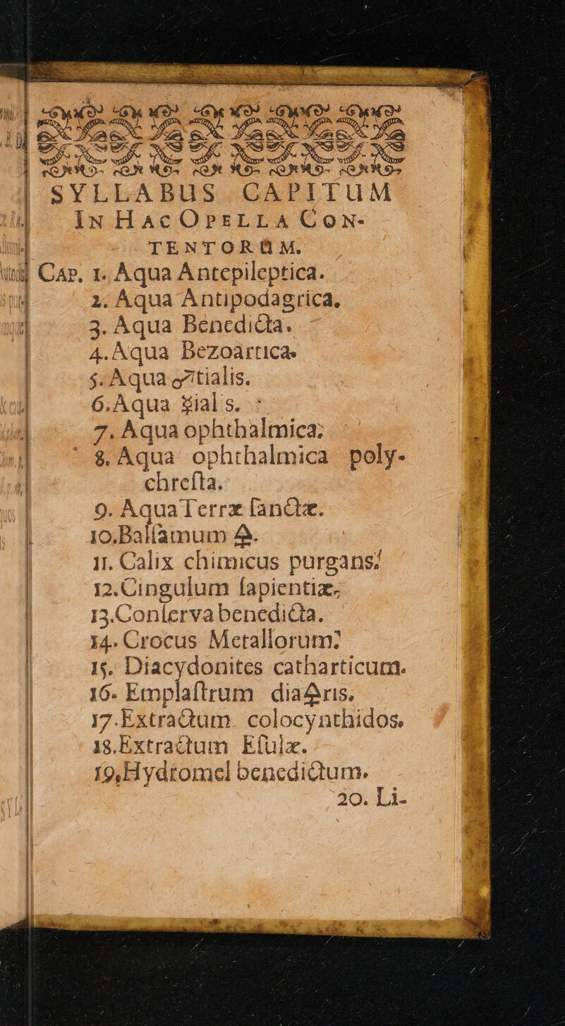 vos. ob c4 SM TENTOR M. AGAqua Hope asd ce 3 Aqua Bencdidaa. 4.Aqua Bezoartica. o Mii 6. Aqua ial s. 7. Àqua ophthalmica. $ Aqua ophthalmica poly- chrefta. 9. Aqua Icrrz fanciz. 10.Balíamum 4A. 1t. Calix chimicus purgans; 12. Cingulum fapientia. 13.Conlerva benedicia. 14. Crocus Mcetallorum: H. Diacydonites catharticum. 16. Emplaftrum | diaris. j7.ExtraGum. colocynthidos, ig.Extractum. Efulx. 19o,Hydromel benedidum. 20. Li-