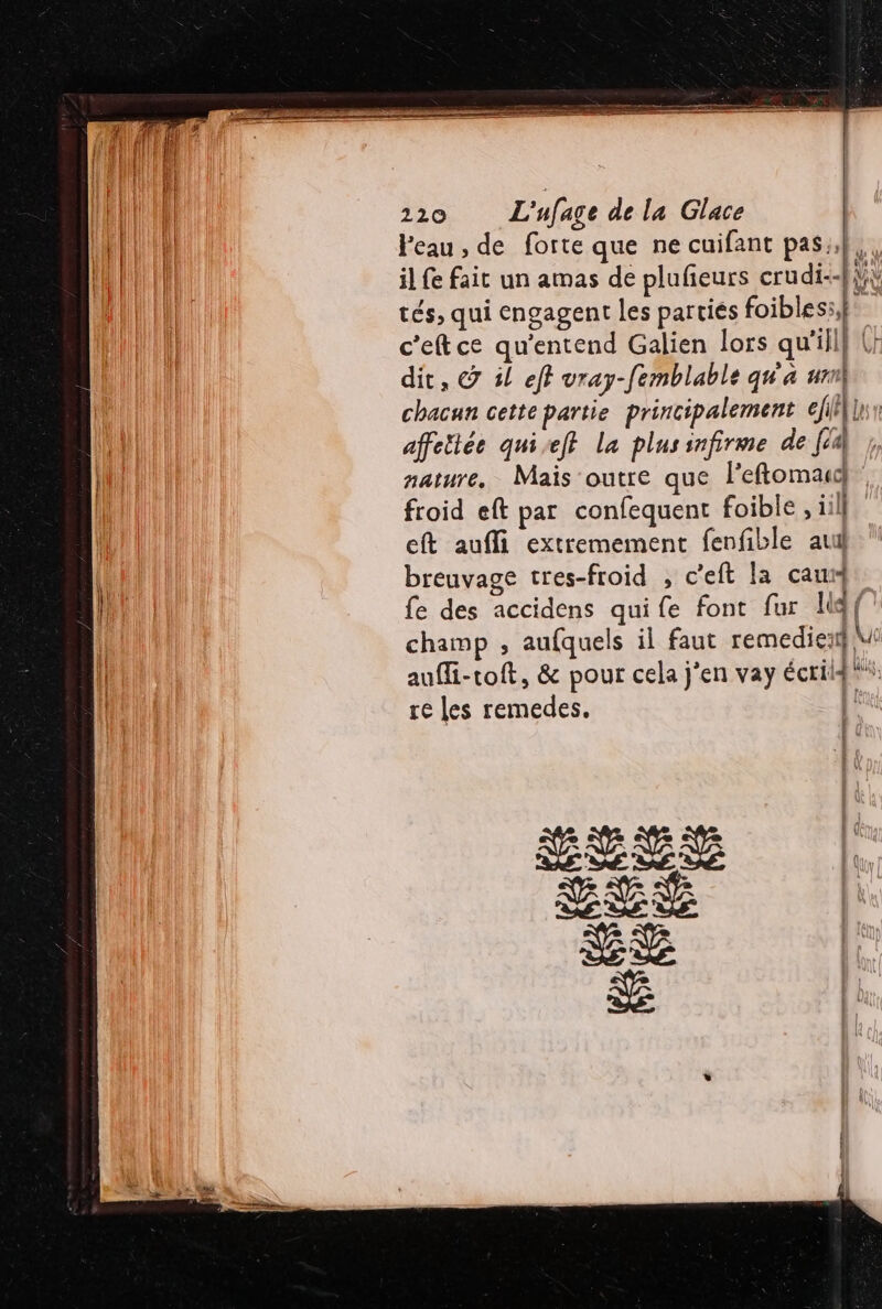 Peau, de forte que ne cuifant pas}, il fe fait un amas de plufeurs crudi-4i\} tés, qui engagent les parties foibless,}: c'eftce qu'entend Galien lors qu'il, dit, © il eff vray-femblable qu'a urr chacun cette partie principalement ejill | affeitée quiet la plussnfirme de f4 ,) il nature. Mais outre que l'eftomau froid eft par confequent foible , il eft auffi extremement fenfible au breuvage tres-froid , c'eft la cau fe des accidens quife font fur li champ , aufquels il faut remedie: M auffi-toft, &amp; pour cela j'en vay écrilg\: re les remedes. |: E ! NA 2 |'
