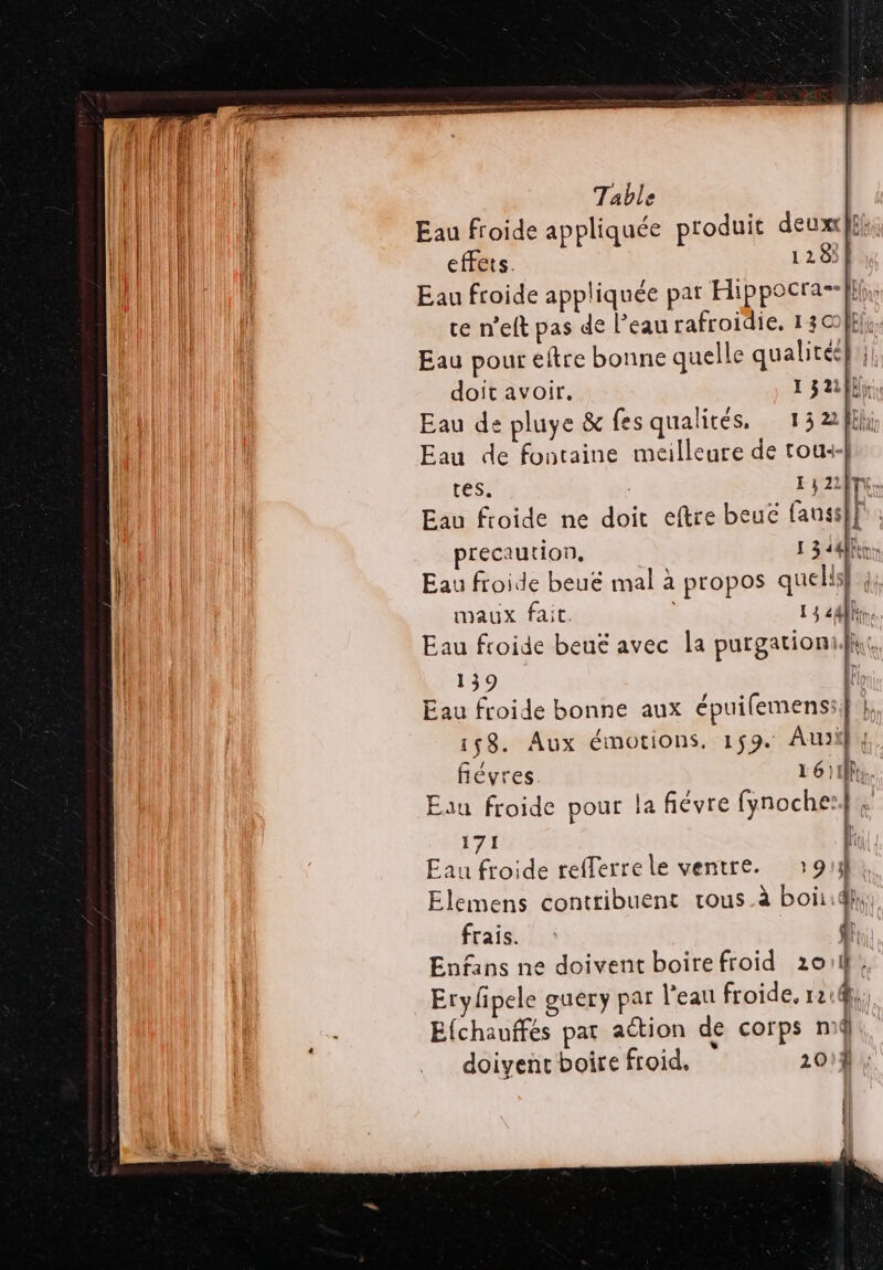 TR pers à Table Eau froide appliquée produit deux ff: effets. 1 2 8 | Eau froide appliquée pat Hippocra--ki,, ce n’eft pas de l’eau rafroidie, 13, Eau pour eftre bonne quelle qualitée}:}) doit avoir. 1328, Eau de pluye &amp; fes qualités. 132}; Eau de fontaine meilleure de tou+«| tes. : LE $ 22m Eau ftoide ne doit eftre beuc fauss I precaution, 1 3 44 Eau froide beuë mal à propos quels} 4; maux fait. : 1 4 4h Eau froide beuë avec la purgationik, Eau froide bonne aux épuifemensi}}, 158. Aux émotions, 159. Aui ; fiévres. 16118. Eau froide pour la fiévre fynoche:}, 171 | Eau froide refferrele ventre. 913 Elemens contribuent tous.à boi frais. | Enfans ne doivent boirefroid 2011}! Eryfpele guery par l'eau froide, 12: : Efchauffés par ation de corps nid. doivent boire froid. ù 2014 : À l Li | 1 | | l