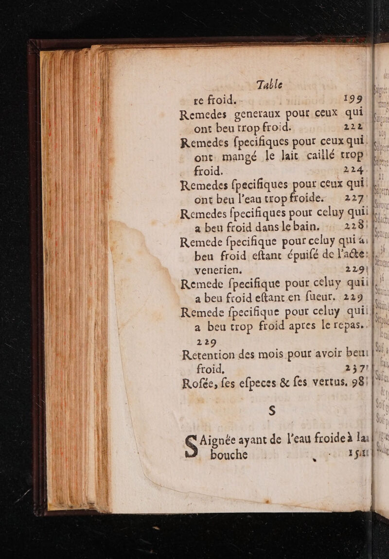 Remedes generaux pour ceux qui ont beu trop froid. 222 Remedes fpecifiques pour ceuxqui.k,. ont. mangé le Jaic caillé trop, froid. 224: Remedes fpecifiques pour ceux quiif ont beu l’eau trop froide. 2714 Remedes fpecifiques pour celuy quil Lo a beu froid danslebain. : 228147 Remede fpecifique pour celuy qui à: beu froid eftanc épuifé de l'acte 4, venerien. 22914 Remede fpecifique pour celuy quiif, a beu froid eftant en fueur. 229 47 Remede fpecifique pour celuy quiifi” a beu trop froid apres le repas, JAM 2129 | Rétention des mois pour avoir beui |”: froid, 237100 Rofée, fes efpeces &amp; fes vertus, 98 | S Ghignée ayant de l’eau froide à la RE bouche RE TL | |