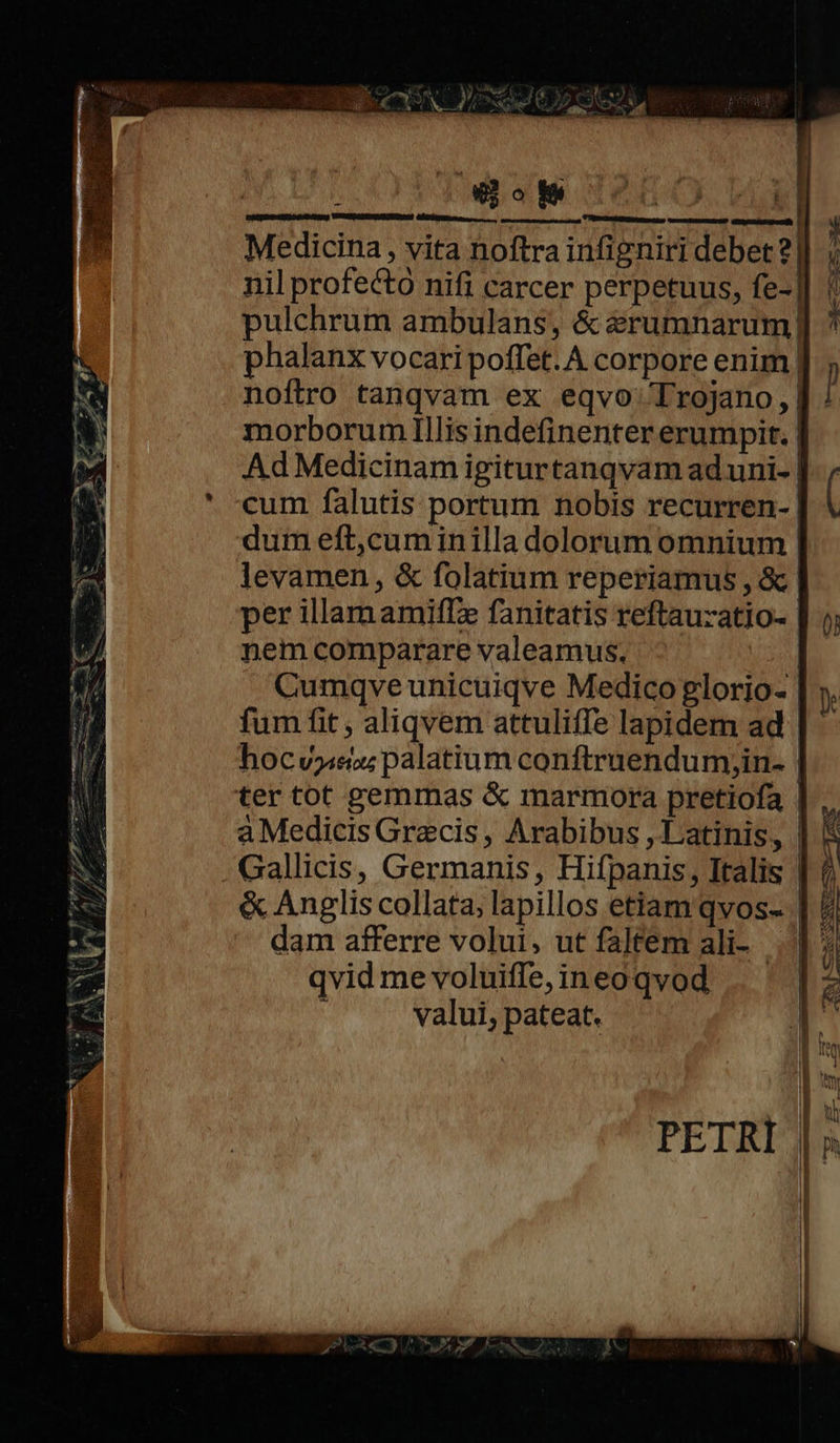    a imer , Medicina, vita noftra infigniri debet? nil profecto nifi carcer perpetuus, fe- pulchrum ambulans, &amp; érumnarum| phalanx vocari poffet. A corpore enim | noftro tanqvam ex eqvo' Trojano, | morborum Illis indefinenter erumpit. Ad Medicinam igiturtanqvam ad uni- | ' um falutis portum nobis recurren- dum eft,cuminilla dolorum omnium | levamen, &amp; folatium reperiamus , &amp; per illamamiffz fanitatis reftauzatio- nemcomparare valeamus. | Cumqve unicuiqve Medico glorio- | fum fit , aliqvem attuliffe lapidem ad hocvasoz palatium conftruendum;in. | ter tot gemmas &amp; marmora pretiofa | aMedicis Grecis, Arabibus , Latinis, Gallicis, Germanis, Hifpanis, Italis Man   dam afferre volui, ut fa]fem ali- | qvid me voluiffe, ineo qvod i valui, pateat.                   