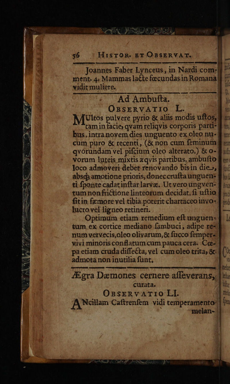 wl wc Jussu $6 HisTrOR. ET OBSERVA T. | E Joannes Faber Lynceus, in Nardi com:  ment. 4. Mammas lacte fecundasin Romana] | vidit muliere. I ul ! : j tam in facie; qvam reliqvis corporis parti*| bus. intranovem dies unguento ex oleo nu- B i: cum puro &amp; recenti, (&amp; non cum feminum fr: qvorundam vel pifcium oleo alterato;) &amp; o- ii vorum luteis mixtis xqvis partibus, ambufto Be: loco admoveri debet renovando bisin die», Bo! abscp amotione prioris, doneccrufta unguene f; ti fponte cadatinftar larvz. Ut vero ungven- Bu; tum nonffrictione linteorum decidat, fi uftio f s: fitin fzmore vel tibia poterit chartaceo inyo* [; lucro vel ligneo retineri. Fd Optimum etiam remedium eft unguen: tum. ex cortice mediano fambuci, adipe re- num vervecis,oleo olivarum,&amp; fucco fempere'| vivi minoris conflatum cum pauca cera. Cee- | pa etiam cruda diffecta, vel cum oleo trita; &amp;: 1| ) admota non inutilia funt, [| MSNIUR, PS SÉ apnea JEgra Daemones cernere affeverans,. | ti curata. - 0 hr OssreRvaAriO LI. ap m A Ndllam Caflrenfem. vidi temperamento^ D | melan- |    