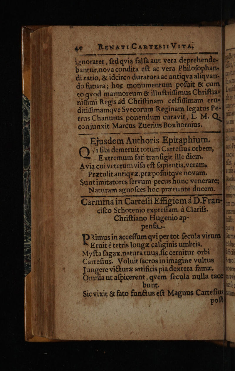 4e | RzwavIi CaRTESII VtT A, Lh D jq tet, tant! A Dauid iznoraret , fed qvia falfa aut veta deprehende- | bantur,nova condita eft ac vera Philofophane | di ratio, &amp; idcirco duraturaac antiqva aliqvan- dofütura; hoc monumentum pofuit &amp; cum. eo qvod marmoreum &amp; illuftriffimus Chriftia* | ^ nifimi Regisad Chriftinam celfiffimam eru- d! ditifimamqve Svecorum Reginam legatus Pe- [7^ trus Chanutus ponendum curavit, L. M. QI conjunxit Marcus Zuerius Boxhornius. [ian reduci -Lodeted Midi iedbncis il Bat Efusdem Authoris Epitaphium. - ;]* Q /^1fibidemeruittotum Cattefius orbem, ^| E afe n c es mcd peru - A ——— ide I——— dtu 7 - mE Au E IIÍ[uxt A: Pe at an Tr SETTE OSRAM PU DR. SNL T. e -— Et rr iit M m :  —— E A, a Meng mmm — — n A vorm EE T €^ : ; T T» tA t rr m: e odipaisecr! — camis vas — maar B S Mia i Je 3onesE— ETT Extremum fati tranfigit ille diem. po: Avia cuiveterum vifaeft fapientia,verams — | ub 1 Prztulitantiqvz.przpofuitqve novam. — TAa Sunt imitatores fervum pecus hunc venerate; |/' Naturam agnofces hoc prxeunte ducem. ^ pha — ——— €—— umo Carminain Cartefii Effigiem a D.Fram],. ;, cifco Schotenio expreífam, à Clarifs. dis Chriftiano Hugenio ap- lus. penfa». lont pimus in acceffum qvi per tot fecula virum fou: * Eruit é tetris longz cahginis umbris, | RE Myfta fagax, natura tuus,fic cernitur orbi difci Cartefius. Voluitfacrosinimagine vultus juo. Jungere vi&amp;turz artificis pia dextera fama do Omrilia ut afpicerent, qvem fecula nulla tacgpuui bunt. fioc Sic vixit &amp; fato fun&amp;us eft Magnus Caste dius po - C ; e. de iet ons —— a T PD. —— Es udi 24 d, REST G7 