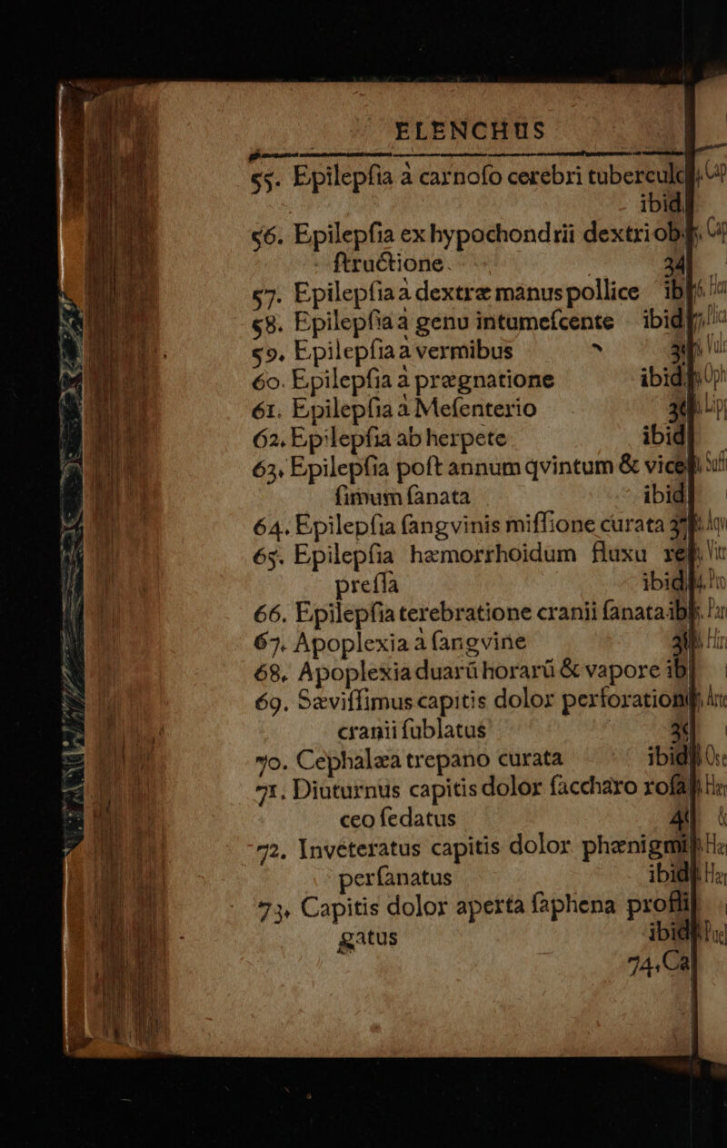 cs. Epilepfia a carnofo cerebri tubercukc | ibid. c6. Epilepfia ex hypochondiii dextriobf ^ -- ftructione. | | $7. Epilepfiaa dextre manuspollice ' ib[*' $8. Epilepfiaa genu intumefcente | ibid, $9, Epilepíiaa vermibus ^ r 6o. Epilepfia a pregnatione 61. Epilepfia a Mefenterio 62, Ep'lepfia ab herpete | 65, Epilepfia poft annum qvintum &amp; vice fimum fanata ibid 64. Epilepfia (angvinis miffione curata 29fq 65. Epilepfia hemorrhoidum fluxu xept prefla ibidi: 66. Epilepfia terebratione cranii fanataibp. ! 67. Apoplexia à fangvine 20d cin 68, Apoplexia duarü horarü &amp; vapore ib) 69. Saviífimus capitis dolor perforation àx »o. Cephalza trepano curata | 71. Diuturnus capitis dolor faccharo rofat ceo fedatus | 72. Invéteratus capitis dolor phanigmill: perfanatus ibid]! 73. Capitis dolor aperta faphena profili &amp;AtUS ibid  WEN Dorm DM e » - z z : z - E PS m uif h3 b led -: - 2d Ly C I3c — ER o i : ES YA 