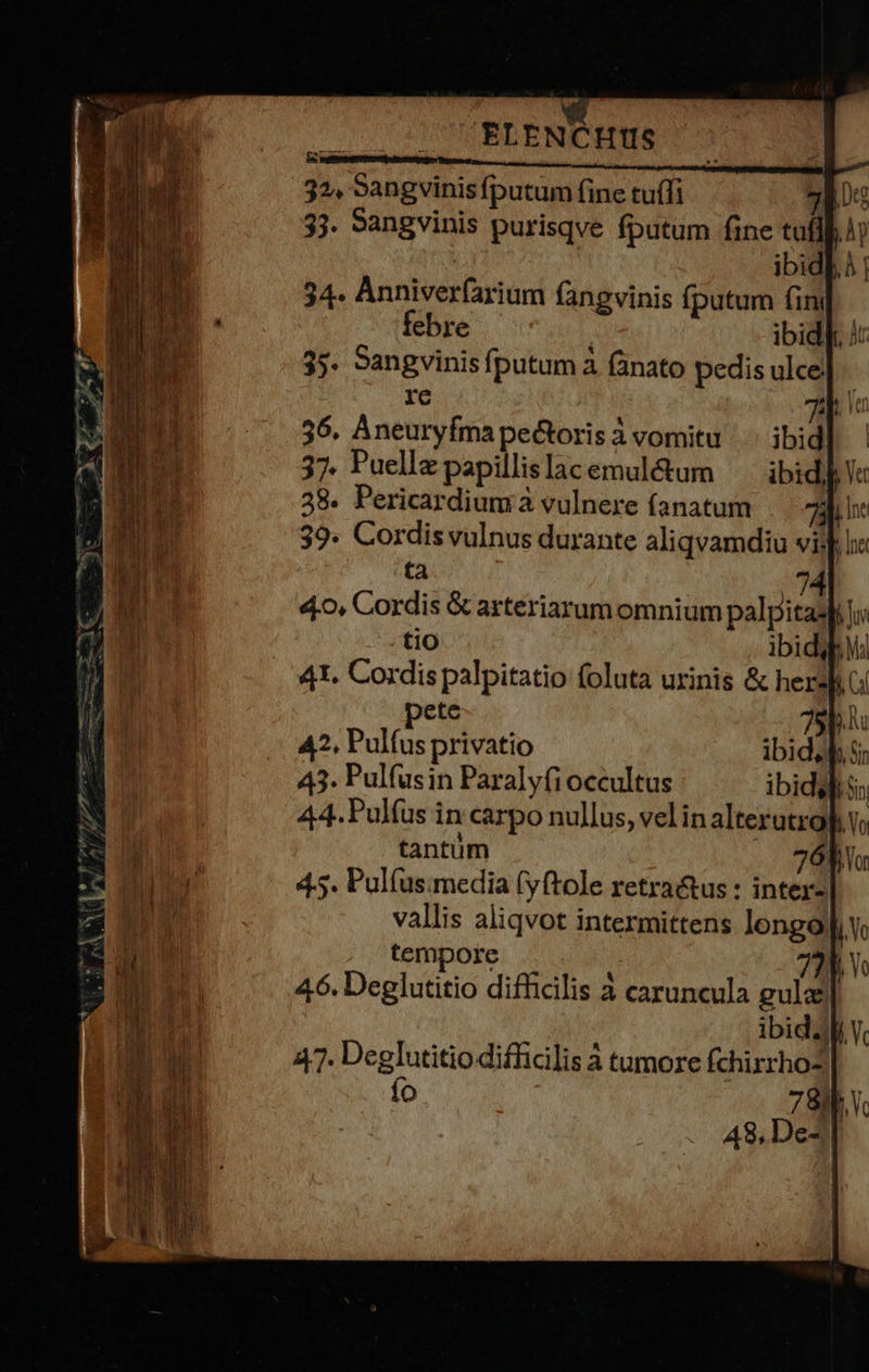 v; eo-,$?^» Y  UUELENCH!IIS 32, Sangvinis fputum fine tuTi | 3. Sangvinis purisqve fputum fine tufl].4) : | ibid 34. Anniverfarium fangvinis fputum fini febre ibidpr. /: 35. Sangvinis fputum à fànato pedis ulce: re 36. Aneuryfma pectoris vomitu ibid] | 37. Puelle papillis lac emulctum ibid Vc 38. Pericardium à vulnere fanatum 9 39. Cordis vulnus durante aliqvamdiu vij yn ta | 40. Cordis &amp; arteriarum omnium palpitas -tio ibidg: 41. Cordis palpitatio foluta urinis &amp; hers ete 42, Pulfus privatio ibid.p 5 43. Pulfusin Paralyfi occultus ibidqli 55 44.Pulfus in carpo nullus, vel in alterutro] tantüm 76 45. Pulíusmedia (yftole retra&amp;us : inter-| vallis aliqvot intermittens longo] v. tempore . 72 46. Deglutitio difficilis à caruncula gulz ibid. , 47. Deglutitio difficilis à tumore fchirrho- Ío |