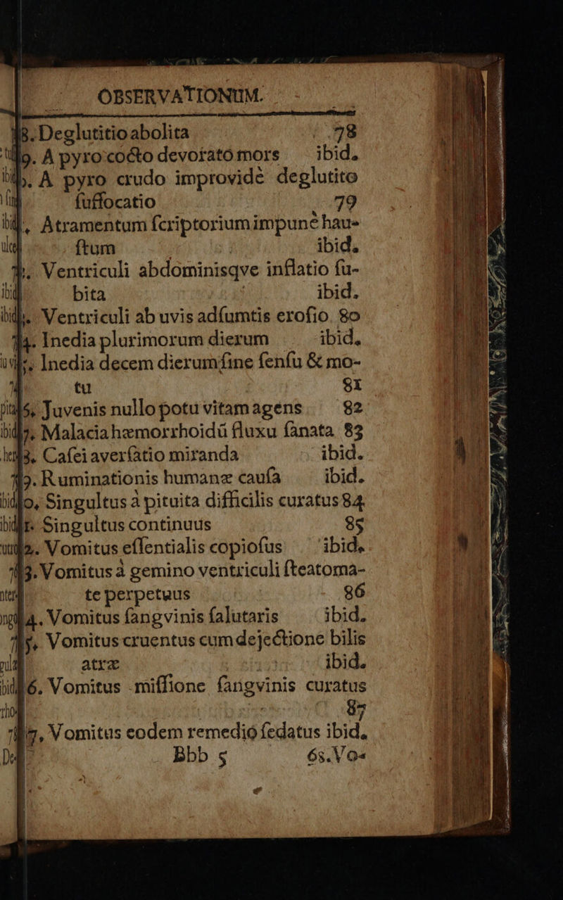 iB. Deglutitio abolita | .298 llo. A pyro'cocto devotato mors ibid. lib. A pyro crudo improvide deglutito bL fuffocatio ij, Atramentum fcriptoriumimpune hau- | ftum | | ibid. qj. Ventriculi abdominisqve inflatio fu- n bita | ibid. d. Ventriculi ab uvis adfumtis erofio. 8o 4. Inedia plurimorum diexum ibid, :, Inedia decem dierumfine fenfu &amp; mo- | St $2 115. Ruminationis humane caufa ibid. djo, Singultus à pituita difficilis curatus 84. 42. Vormitus eflentialis copiofus ibid. I3. Vomitus à gemino ventriculi fteatoma- te perpetuus 86 l4. Vomitus fangvinis falutaris ibid, ly, Vomitus cruentus cum dejectione bilis au atrz | ibid. bllió. Vomitus -miffione fanigvinis curatus | | 37 liz, Vomitus codem remedio fedatus ibid, |] Bbb $ 65. Vo«  