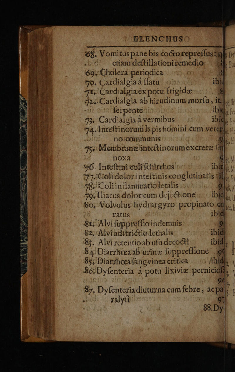            7X A Aum i evum D z ^ 3 e fpe ^ h/^, ^A    BLENCHUS^   nU IXDEX qnc TUasiienen oomen. 68. Vomitus pane bis coctorepreffus 3g    bi ^ etiam deftillationiremedio: | 9l »    iU 69. Cholera periodica ai o. Cardialgiaa flatu. o5: ibi 7r, Cardialgiaex potu frigida | 92. Cardialgia ab hirudinum morfu, it]. i ferpente/:.^. | ibit nh 73. Cardialgia a vermibus ibid, : 74. Mriteftinorurilapishomini cum vétagl. | | no;communis 9l. 75«: Membrane inteftinorum excreta: fag noxa 2 PM ^ MM 9:6. Inteftimi eolit (chirrhus ibi]. Y      78- Coliindamtuatioletalis .-: 8s i 79. 1iacus dolorum dejzé&amp;ione ;..: AbIg[). 86; Volvulushydrargyro propinato dij. | ratus Ut ibi]         82; Alvi adttrictiolethalis 85. Alviretentioab ufu decocti l $4) Diarrhocaab urine fuppreffione 9f 85; Diarrhocafangvinea critica «.; bid            9C  87, Dyfenteria diuturna cum febre , ac pa. dan ralyít jd