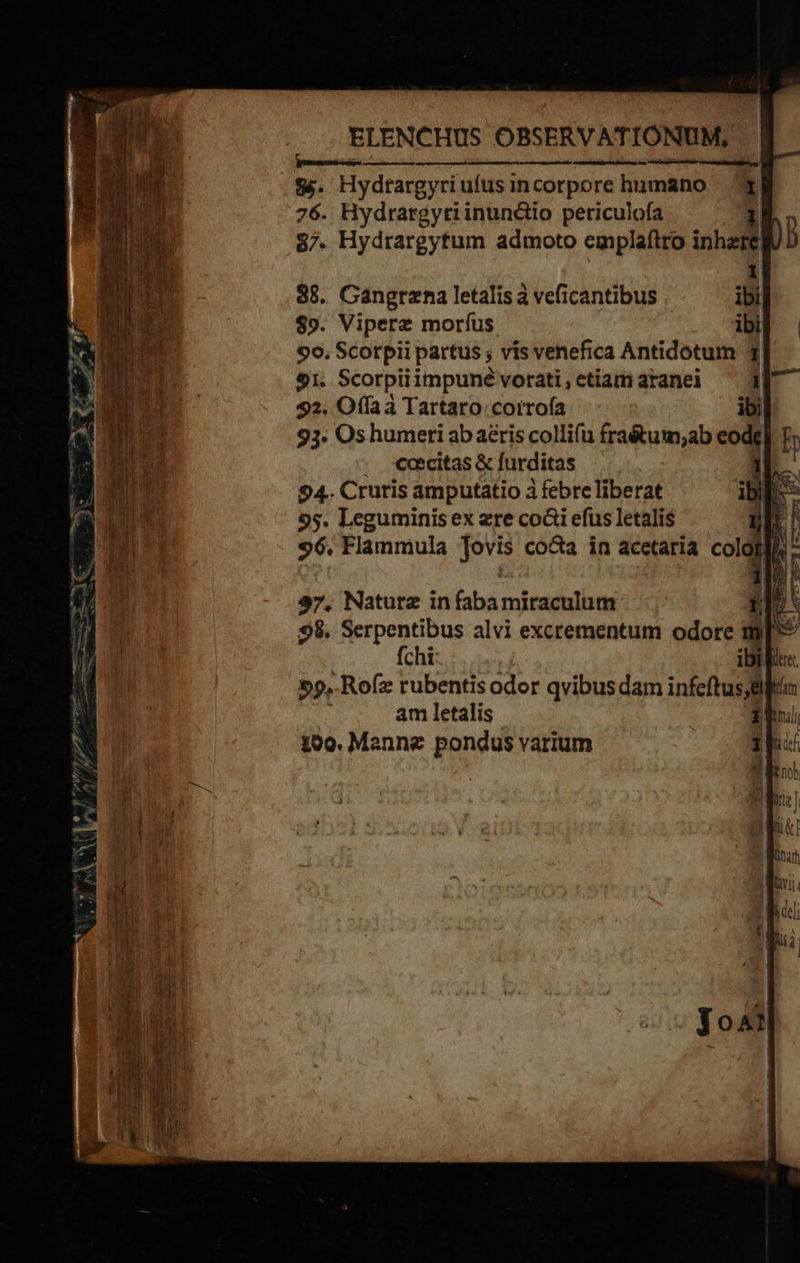 ELENCHUS OBSERVATIONUM, emassa — oi cr € M À—— —— Ie au 9. Hydrargyri ufus in corpore humano | 76. Hydtargyti inundio periculofa $7. Hydrargytum admoto emplaftro here )b 88. Cangrzna letalis à veficantibus ;bi| $9. Viperz morfus ibl | 90, Scorpii partus ; vis venefica Antidotum 1 91. Scorpiii impuné votati , etiam aranei i 92. Offaà Tartaro. corroía ibi 93. Oshumeri ab aeris colli(u fra&amp;um;ab eode] T , xXecitas&amp; furditas | 94.. Cruris amputatio à febre liberat 95. Leguminis ex zre coai efus letalis - — regem » ] ENS - - y E uw . 4 M M s n s Y 27. Nature in faba intendi 98. Serpentibus alvi excrementum odore m fchi ibi (tet, 59,-Rofz rubentis odor qvibusdam infeftus;&amp;ln am letalis | t um 199. Mannez pondus varium 1s Ero Ils T M FAT j L- ' ep sw BEI at l ] em lvii. SE C a a CC] FETA TN A 