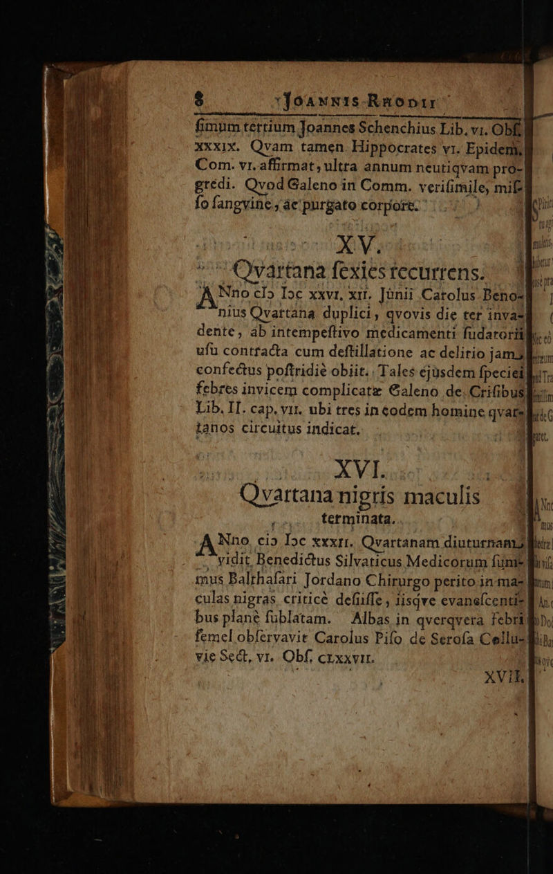 XV. Ovartana fexies recurrens. A -— nlus Qvartana duplici, qvovis die ter invas ufu contfacta cum deftillatione ac delirio jam3l.. confectus poftridie obiit. . Tales éjüsdem fpeciei febres invicem complicatz €aleno de. Cri(ibus Tm Lib. IT. cap. vit. ubi tres ineodem hominc qvarsl. tanos circuitus indicat. | XVI. Qvartana nigris maculis terminata. A NNno. ci» Toc xxxri. Qvartanam diuturnam vidit Benedictus Silvaticus Medicorum fume, mus Balrhafari Jordano Chirurgo perito. jamas Bun culas nigras criticé defüffe, lisdve evanefcentis. bus plané füblatam. — Albas in qverqvera febrig femel obfervavit Carolus Pifo de Serofa Cellu- | vie Sect, vr. Obf. crxxvir. | | XVif 