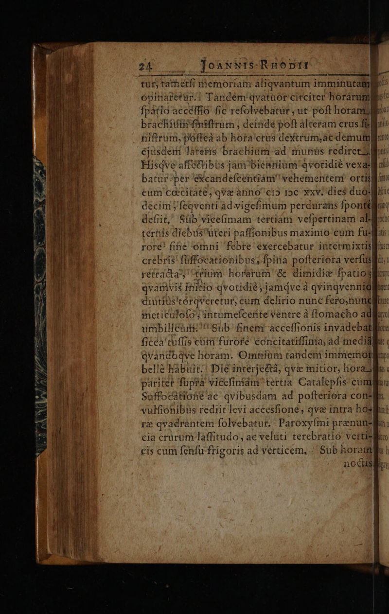 ——— — óc À—o- tur, tare tfi semoriam aliqvantum imminuta opinarfetür/] Tandeém' qvatuor cicciter horaruml fpatio: aecéffio fic refolvebatur ,ut poft horam: brachiuiti? dt üm , deinde pon alteram crus fij] ZiailóH iud brachiüm ad munüs S rediccdiu | Hisdve afféttibus jam biennium qvotidié vexadll di batur-per eXcandefcencám vehemeritem ortis | cum caecitate, qve anno'cr5 roc xxv. dies duó.| defit, Stib (iei maim tertiàm vefpertinam ali terhis diebisuteri paffionibus maximo cüm ful iti crebris! füffocationibus, fpina pofteriora verfus retracta, tri m horarum &amp; dimidic fpatiosli qva aivis initio qvotidié,jamqveà qvinqvennió| didtius'térqveretur, cum delirio nunc fero,nun meticulofo; intumefcettte ventre à ftomacho ad dimbiliciám'' Sub. finem-àcceffionis invadebat ficca'cuffis cim furore concitatiffinia; ad medii befis ahautrad Die interje&amp;ta, qvi mitior, lioraal Suffocatiohé ac qvibusdam ad pofteriora con- vulfiónibus rediit levi accesfione , qva intra hosk cia crurum laffitudo , ae veluti recita verti-a cis cum fenfu frigoris ad verticem, : Sub horam, | nocusgin 