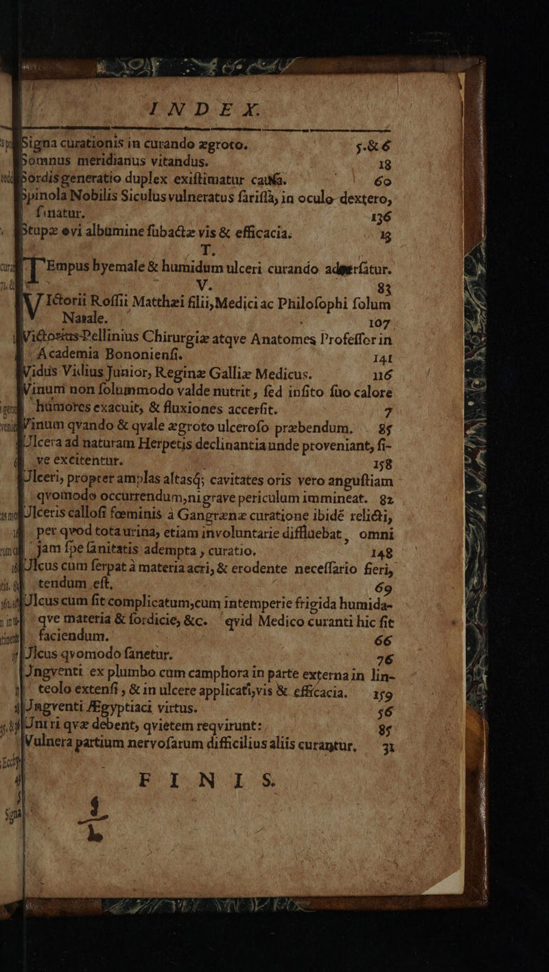 IDNDOEGE ——H 2 RE Car UCM SECO UISLLM NUS nllSigna curationis in curando zgroto. $.&amp;6 Bomnus meridianus vitandus. I8 Bordisgeneratio duplex exiftimatur caua. 6o 5pinola Nobilis Siculus vulneratus fariflà, in oculo- dextero, | fatur. 136 Ptupz evi albumine fübactz vis &amp; efficacia. 1g T. | Empus hyemale &amp; humidum ulceri curando: adgerfatur. i WA. 33 Icorii Roffit Matthei fllii, Medici ac Philofophi folum | Natsale. 107 ViaosusPDellinius Chirurgiz atqve Anatomes l'rofeffor in Academia Bononienf. IA4I IVidus Vidius Junior, Reginz Galliz Medicus. nó inuri non folummodo valde nutrit, fed infito fuo calore É hümores exacuit, &amp; fluxiones accerfit. 7 Vinum qvando &amp; qvale egroto ulcerofo prebendum. . 8$ [Icera ad naturam Herpetis declinantia unde proveniant, fi- | ve excitentut. ; 158 Ulceri; propter amplas altasá; cavitates oris vero anguftiam qvomodo occurrendum,nigraye periculum immineat. 92 JIceris callofi foeminis. à Gangrenz curatione ibidé reli, | pet qvod totaurina, etiam involuntarie diffluebat, omni jam fpe Ganitatis adempta , curatio. 148 df Jlcus cum ferpat à materia acri; &amp; erodente neceffario fieri, fif Icus cum fit complicatum;cum intemperie frigida humida- pe qve materia &amp; fordicie, &amp;c. — qvid Medico curanti hic fit |^ faciendum. 66 y[Jlcus qvomodo fanetur. 76 Jngventt ex plumbo cum camphora in parte externa in lin- |' «eolo extenfi , &amp; in ulcere applicati,vis &amp; efficacia. 1/9 1|Jmgventi /Egyptiaci virtus. $6 |Untri qvz debent, qvietem reqvirunt: 9; Vulnera partium nervofarum difficilius aliis curantur, ji E IVN Lo» 