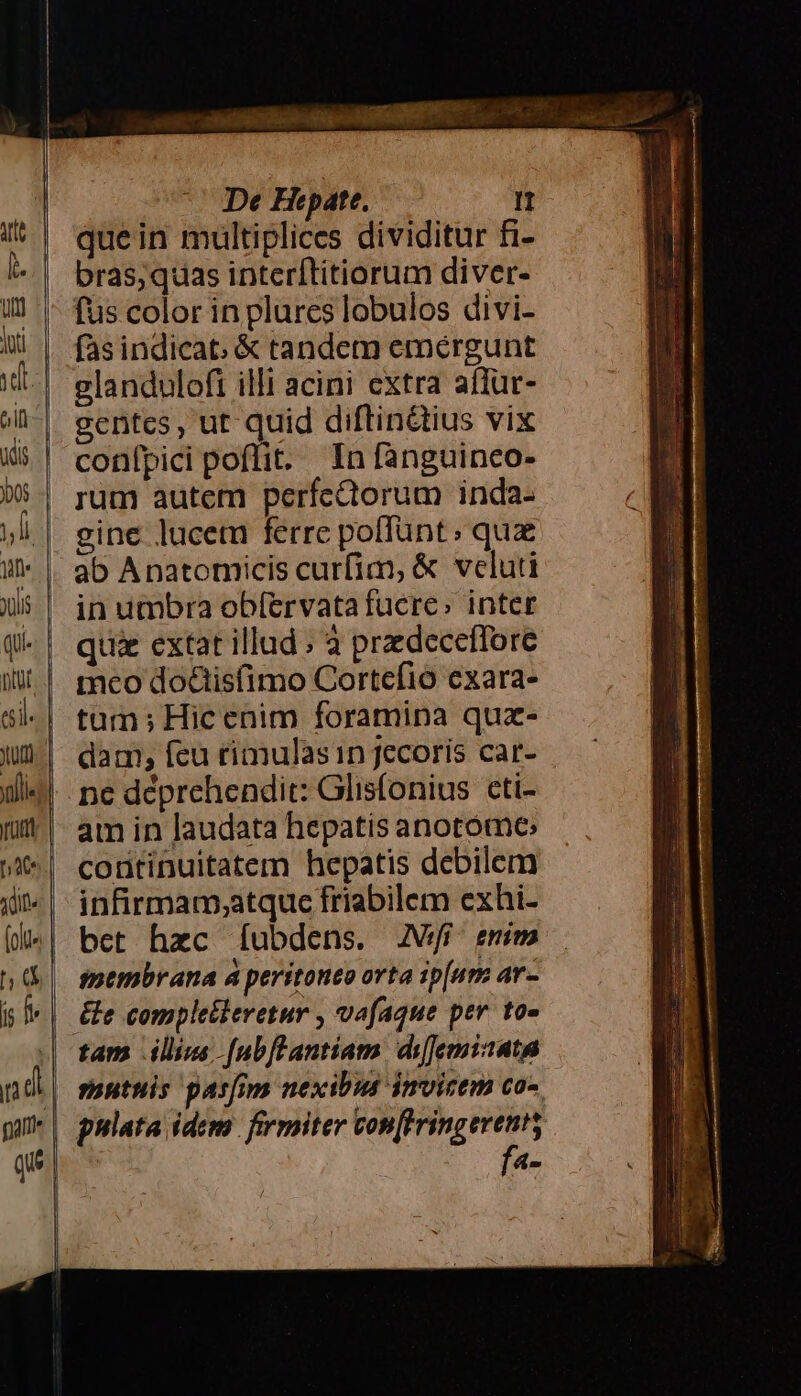 De Hepate. It quein multiplices dividitur fi- bras,quas interftitiorum diver- fus color in plures lobulos divi- fasindicat; &amp; tandem emergunt glandulofi illi acini extra affür- gentes, ut quid diftin&amp;tius vix conípici poflit. In fanguinco- rum autem perfectorum inda- gine lucetu ferre poffunt: quz in umbra obíervatafucre; inter qui extat illud ; à przdeceffore meo doctisfimo Cortefio exara- tum; Hic enim foramina quzx- dam; feu rimulasin jecoris car- am in laudata hepatis anotoómo, continuitatem hepatis debilem infirmam,atquce friabilem exhi- bet hzc [ubdens. JWff enim membrana à peritoneo orta ip[urm ar- &amp;e completieretur , vofaque per. to- taps .illiss [nbfeantiam diyJemizata snutuis pasfim nexibit inmvirem co- d- /