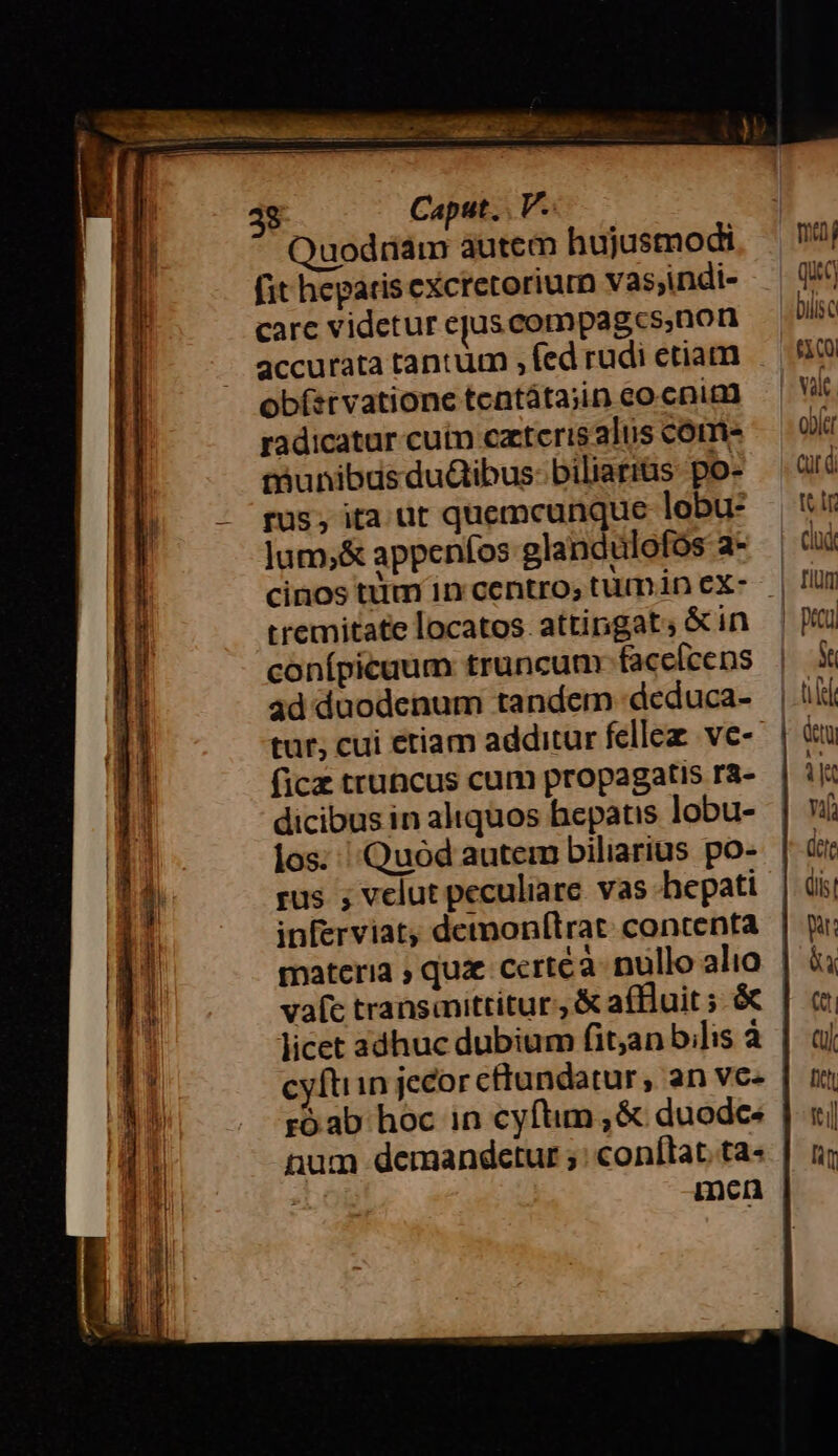 Quodriam autem hujusmodi (it heparis exctetoriurn vas;indi- carc videtur ejus comnpagcs,non accurata tantum , fed rudi etiam obístvatione tentáta;in co cnim radicatur cutn caterisalus come tBunibds du&amp;ibus: biliari&amp;s po- rus, ita ut quemcunque lobu- lum,;&amp; appeníos glandulofos a- tremitate locatos. attingat, &amp; in conípicaum truncum-faccícens ad duodenum tandem :deduca- tur; cui étiam additur fellez. ve- ficz truncus cum propagatis ra- dicibus in aliquos hepatis lobu- los: | Quód autem biliarius po- rus ; velut peculiare. vas hepati materia , quz. ccrtéà- nullo alio vafc transmittitur., &amp; affluit ; &amp; licet adhuc dubium fit;an b.lis à cvftiin jecor cfftundatur, an vc- ro ab hoc in cyftim , &amp; duode: num demandcetur ;: conílat. ta- men net que ' aoi valt. ob Cur i ter Cladt riüm