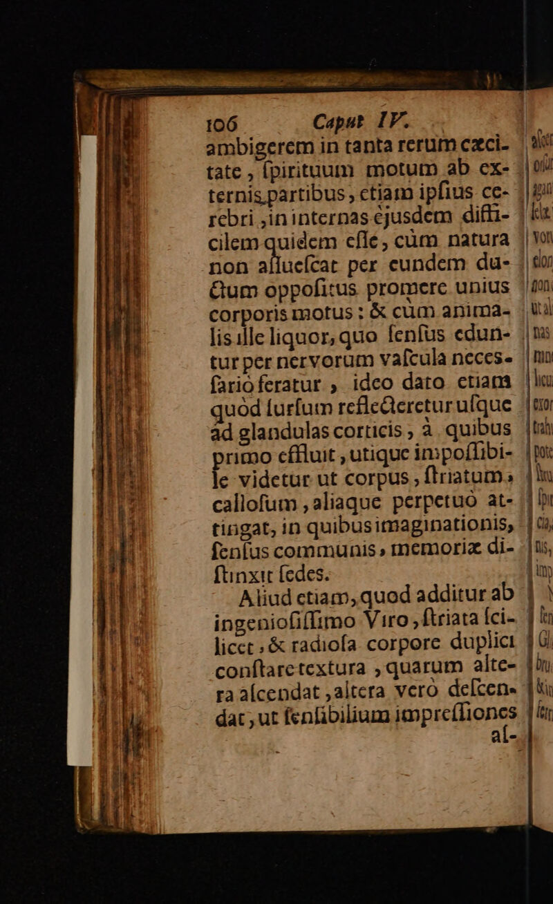 ambigerem in tanta rerum caci- ternis.partibus , ctiam ipfius ce- non aílucícat per eundem du- &amp;um oppofitus promcerc unius lisille liquor, quo fenfus edun- tur per nervorum vafcula neces- ad glandulas corticis ; à. quibus callofum , aliaque perpetuo at- finxit fedes. licct ; &amp; radiofa. corpore duplici ra alcendat ,altera vero de[cen- dat ut fenfibilium impre(liones