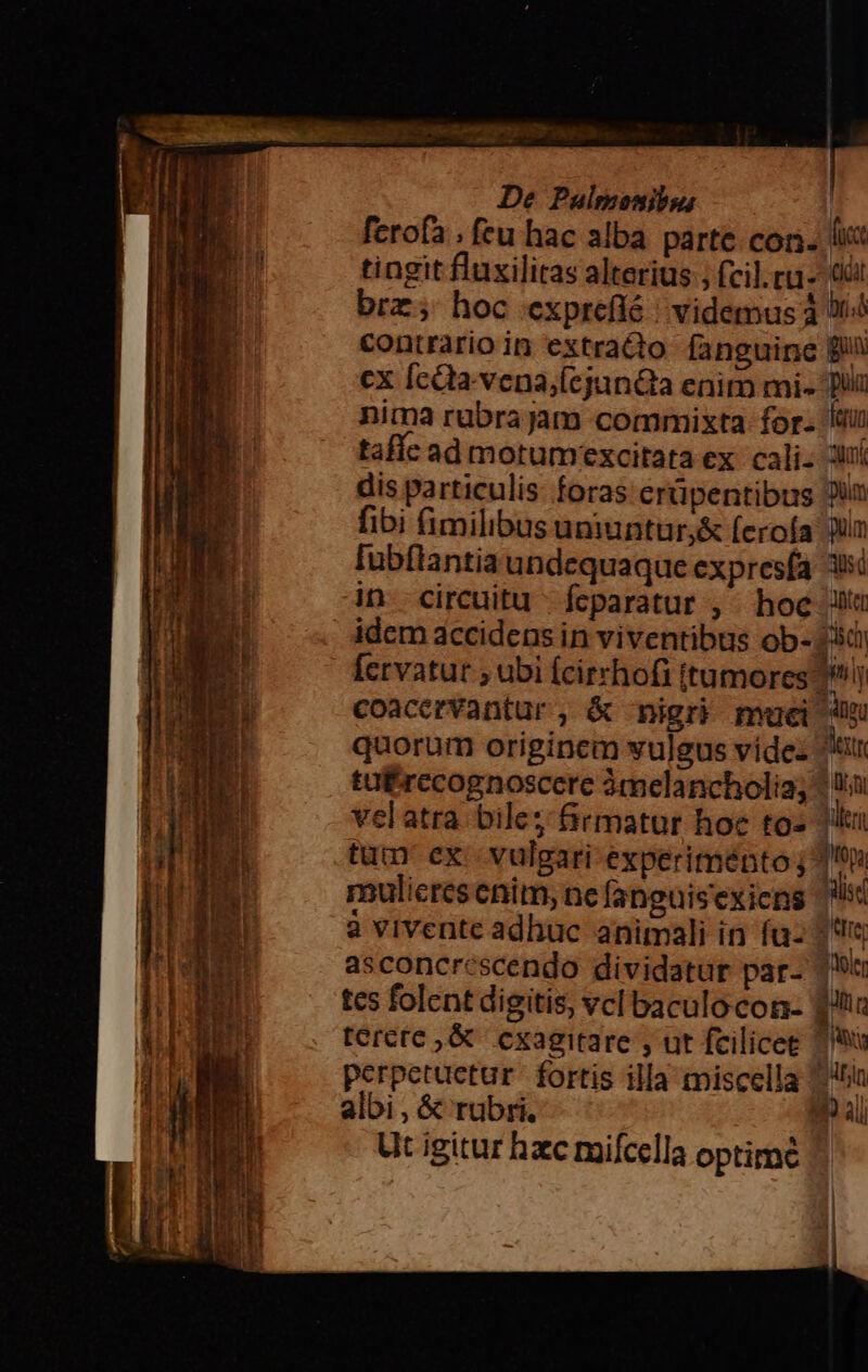 fud qe INE REOR pat Pa. coe 3A - 1— Aena €— —— — - Sf - T uu: m IE £ ol Pus : ET EET De Pulmonibus | ferofa ; feu hac alba parte. con- liat tingit fluxilitas alterius ; (cil.rg- (Ut brz; hoc expreflé | videmus à à contrario in extraQto. fanguine fiii cx ÍcQla-vena;fcjun&a enim mi- Dui nima rübrajam commixta for. tii taffc ad motumexcitata ex: cali dui dis particulis: foras erüpentibus Jim fibi fimilibus uniuntur,& ferofa fubflantia undequaque expresfa 3i in circuitu feparatur , ^ hoc itt idcm accidens in viventibus ob- 73d; [ervatur , ubi fcirrhofi ttumorces ^ coacervantur , & nigri muci quorum originem vulgus videz ut tüfrccognoscere àmelancholia; ^u velatra bile; firmatur hoe to» li tum ex vulgari experiménto j mulicresenim, nefanguisexiens isi à vivente adhuc animali in fu- ? asconcrescendo dividatur par- 1! tes folent digitis, vcl baculo con- M , terere, & cxagitare , ut fcilicee us perpetuctur fortis illa miscella ti albi, & rubri. - UPNT Ut igitur hxc mifcella optimé