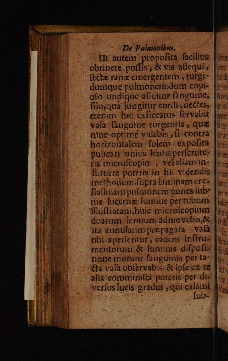 Ut àutem propofita facilius obtincre. poffis , &amp; vis affequi ; fcQz ràapz emergenter , türgi- dumque pulmonem.dum copi- ofo undique alluitur fanguine; filoquà jungitur cordi; nectes, fs Tuo j vaía fanguine turgentia ; qux horizontalem folem. expofita pulicari unius lentis perfcrute- ris microfcopio ; velaliam in- methodum.füpra laminam cry- ftalinam pulinonem poncs tub* tus lucernz lumine per tübum iluftratam,huic microlcopium &amp;a vafa obfervabis. &amp; iple ex te alia comminifci poteris per di: