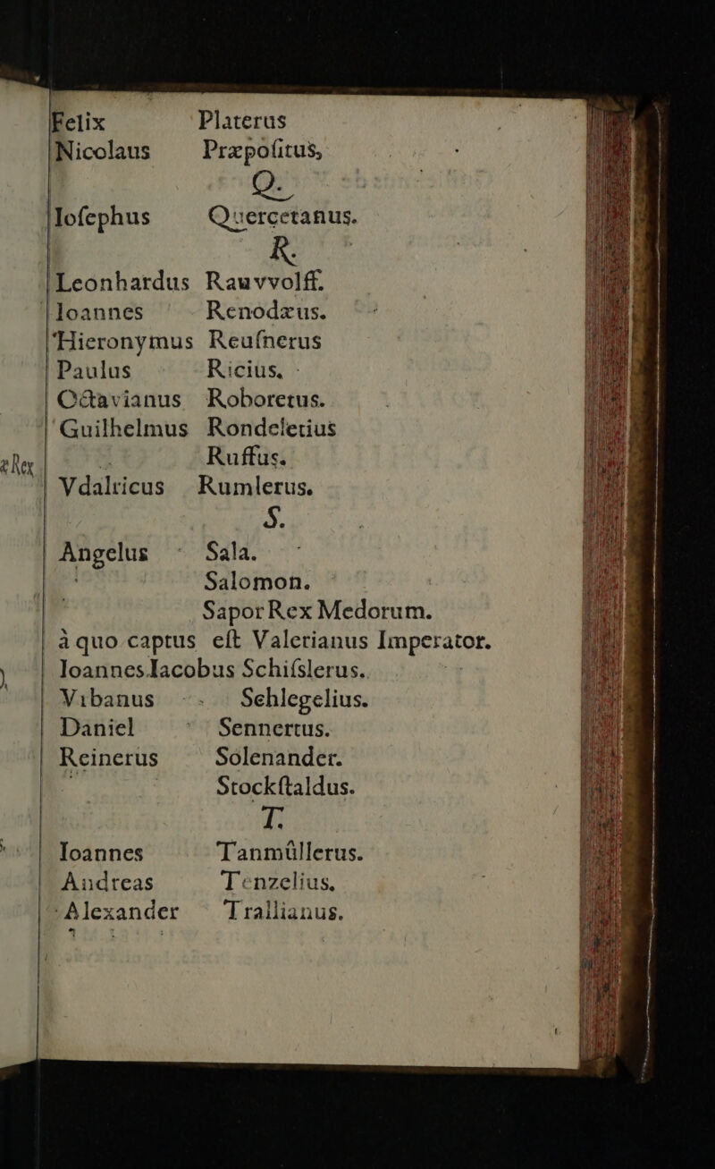 eM Platerus Nicolaus Prx pofitus, llofephus Quercetanus. loannes Renodzus. Paulus Ricius. - Q&amp;avianus Roboretus.  Ruffus. Vdalricus | Rumlerus. Jj. Angelus ^ Sala. Salomon. Sapor Rex Medorum. àquo captus eft Valerianus Imperator. Vibanus Sehlegelius. Daniel Sennertus. Reinerus Solenander. ! ' Stockftaldus. T. Ioannes Tanmüllerus. Audteas T'enzelius, Alexander — Trallianus.