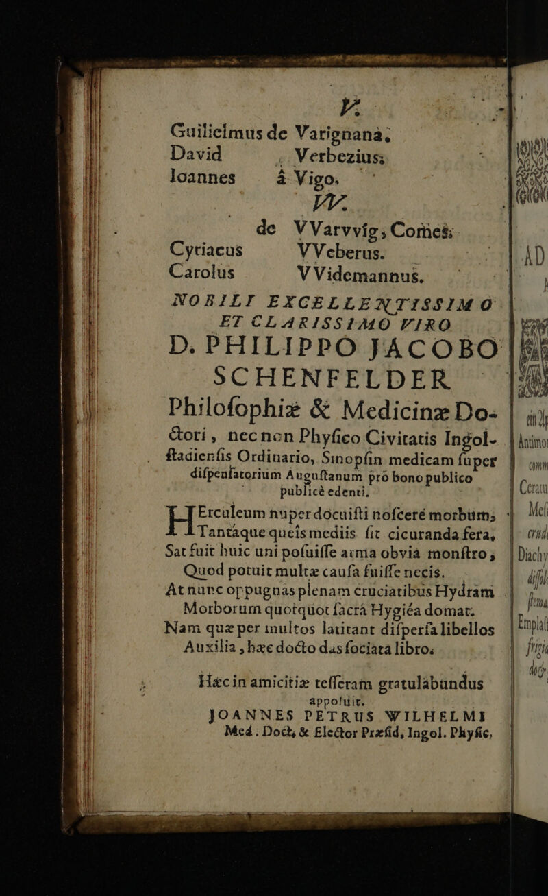 Guilielmus de Varignana, David ;; Verbezius; loannes à Vigo. qu de VVarvvíg; Comes; Cytiacus VVceberus. Carolus V Videmannus. NOBILI EXCELLEWTISSIM O ET CLARISSIMO FIRO SCHENFELDER &amp;ori, necnon Phyfico Civitatis Ingol- Tantaque queis mediis fit cicuranda fera, Sat fuit huic uni pofuiffe acma obvia monítro; Quod potuit multz caufa fuiffe necis. Morborum quotqüot facrá Hygiéa domar. Nam quz per inultos latitant difpería libellos Auxilia , hzc docto das fociata libro. Hacin amicitiz tefferam gratulabundus appofuit. JOANNES PETRUS WILHELMI Med . Dod, &amp; Elector Przfid, Ingol. Phyfic, Cmm | l | Méf (hd ! difil [ n4 friri d