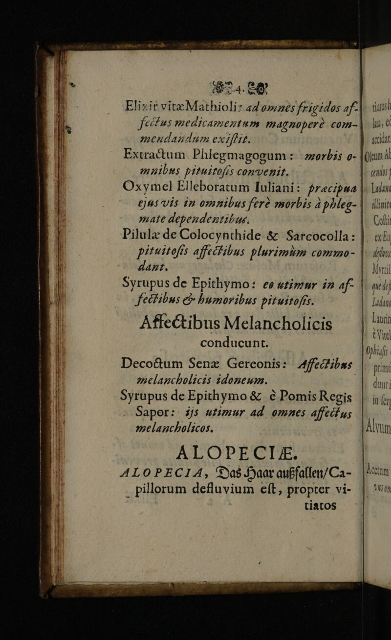 Elixit vite Mathioli: 47 09BEs frigidos af- mcudasudum exz[H. Extractum Phlegmagogum : zorbis o- mulbms pituitofis convenit. mate dependentibus. dAzt. fettibus e humoribus pituitofís. Deco&amp;um Senz Gerconis: Affeczibss zielancholicis idoneum. | Syrupus de Epithymo &amp; € Pomis Regis Sapor: ijs utimur ad omnes affeiius melancholicos. ALOPECLE. ALOPECIA, $ya$ J)aat auffallen/Ca- . pillorum defluvium eft, propter vi- | tiatos tias hi T! accidat (tiis Lui illii Colt ex bu dini T iij Lila Lautin Vid 0j; iji | prim Quit]