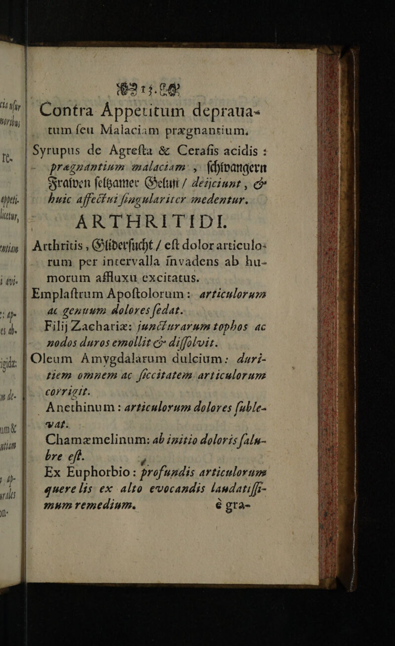 3:1: 0 Contra. Áppetitum depraua- tum feu Malaciam przgnantium, 114 tfiy | riy Syrupus de Agrefta &amp; Cerafis acidis : pragnantium malactam , fdíeanaera | — Srafpen fefoamer GSelutt / ezjeiunt , ei tpptij huic affeciui fonaulariter snedentur. [t ] E CCARTHRITIDI. aiii | Axchritis , Giberfucbt / eft dolor articulo: rum per intervalla ínvadens ab hu- in| morum affluxu excitatus. | Emplafttum Apoftolorum :. ar£iculorazo T: ac gentium dolores fedat. ad. |. Filij Zachariz: junilurarum t0pbos «c nodos duros emollit c diffolvis. pz | Oleum Amygdalarum dulcium: 4zri- | — diem omnem ac ficcitatem articulorum yd. M* corrictt. | Anethinum : articulorum dolores [uble- wk 9^ : jdm | Chamzmelinum: ab izizio doloris faln- | bre eft. | Ex Euphorbio: profundis Artictlorum quere lis ex alto evocandis landatiffz- mum remedium. é gra-