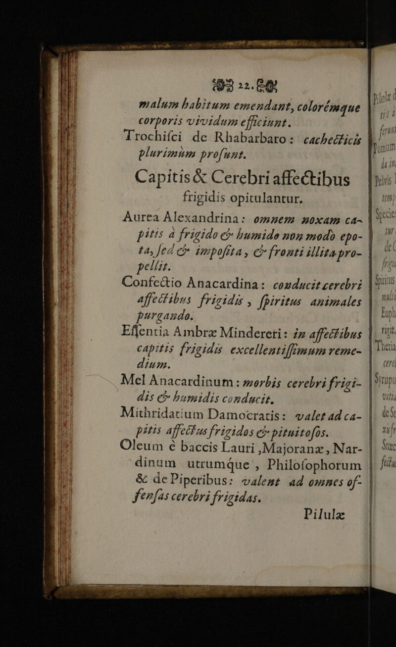 qi n5 malum babitum emendant, colorémque corporis vividum efficiunt. plurimum profuzt. Capitis &amp; Cerebri affectibus frigidis opitulantur, Aurea Alexandrina: emzaem zoxam ca- pelíat. purgazdo. capitis frigidis. excellentiffrmum reme- inm. Mel Anacardinum: morbis cerebri frigi- dis C humidis conducit, pitis affecf us frigidas e? pituitofos. dinum utrumque , Philofophorum &amp; dePiperibus: valemt ad emmes of- fenfas cerebri frigidas. Pilula l lj / li | fonum , i4 I | ] visi m BM Í (1 | Sae Mo UU '