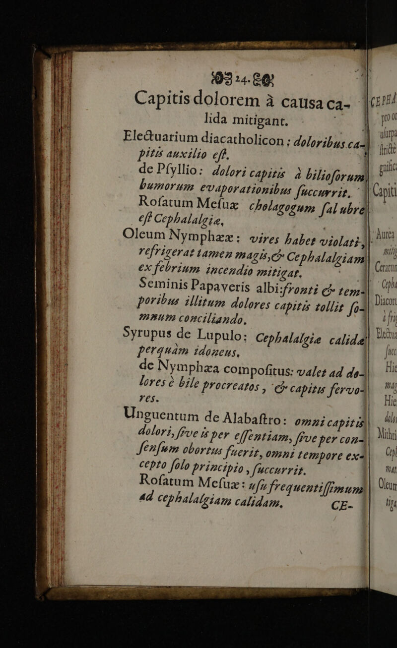 9314-6) lida mitigant. A Ele&amp;uarium diacatholicon : doloribus ca-| pitis auxilio eff. | de Pfyllio: olor; capitis. a bilioforum pn ol Viütpa fidt put Rofatum Mefux cholagogum fal ubre| eff Cephalalzie, eis | vefrizeraz tamen magis c Cephalalgiam ex febrium incendio mitigat. c Seminis Papaveris albi:fronti cf teg poribus illitum dolores capitis tollit fo. HUP conciliando. | Syrupus de Lupulo: Cephalaleie calid.e perquam idoneus, | de Nymphza coin pofitus: valez ad de- lores à bile procreatos , Cj capitu fervo- ker: | Unguentum de Alabaftro: 072i capit rs dolori, fFue is pe effentiam, Jrve pe» con- Jenfmm obortus fuerit, omni tempore ex« cepto folo principio , fuceurrit. Sn Rofatum Mefuz : z[7 frequentilf una || 4d cephalatgiam calidam. Àurei nii Ceratir (gh Diacor T aui