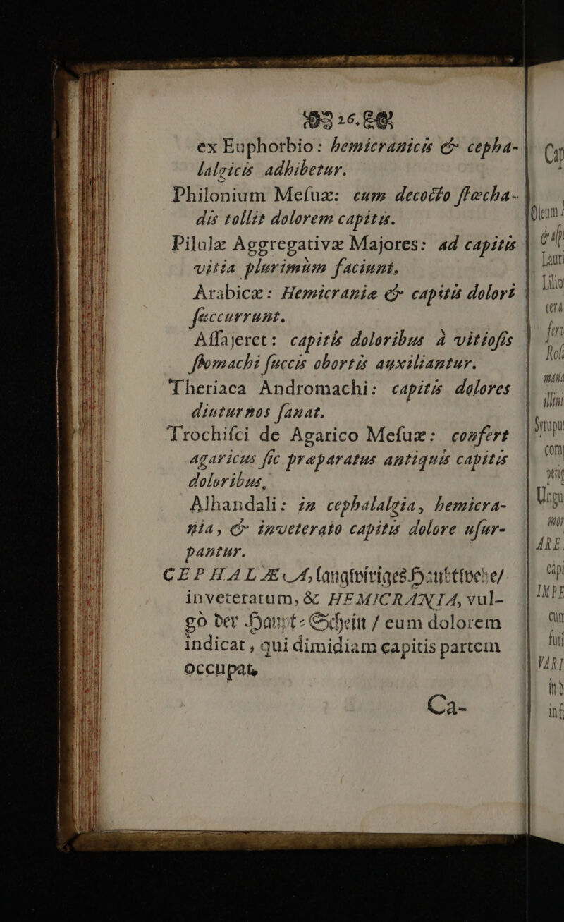 ex Euphorbio: Pemicragicis c cepha- lalgicis. adhibetur. Philonium Mefuz: cwm decocfo fhecha- | dis tollit dolorem capitis. | Pilulx Aggregativae Majores: ad capitis | vitia plurimum faciunt, | Arabica: Hemicramie e$ capitis dolori | feccurrunt. Affajeret: capitis doloribus à vitioffs ffomachi fuccis obortis auxiliantur. Theriaca Andromachi: capits dolores diuturos fazat. Trochifci de Agarico Mefuz: | cozfert agaricus [tc praeparatus antiquis capitis 221 ME Alhandali: zz cephalaleía, bemicra- nia, c inveterao capitis dolore ufur- pantur. CEPHAL A, lanatbiviaes ctistfbe:e/ inveteratum, &amp; HF MICRANLIA, vul- go ber -Danpt« Cxfeitt / eum dolorem indicat , qui did capitis partem OccIpat,