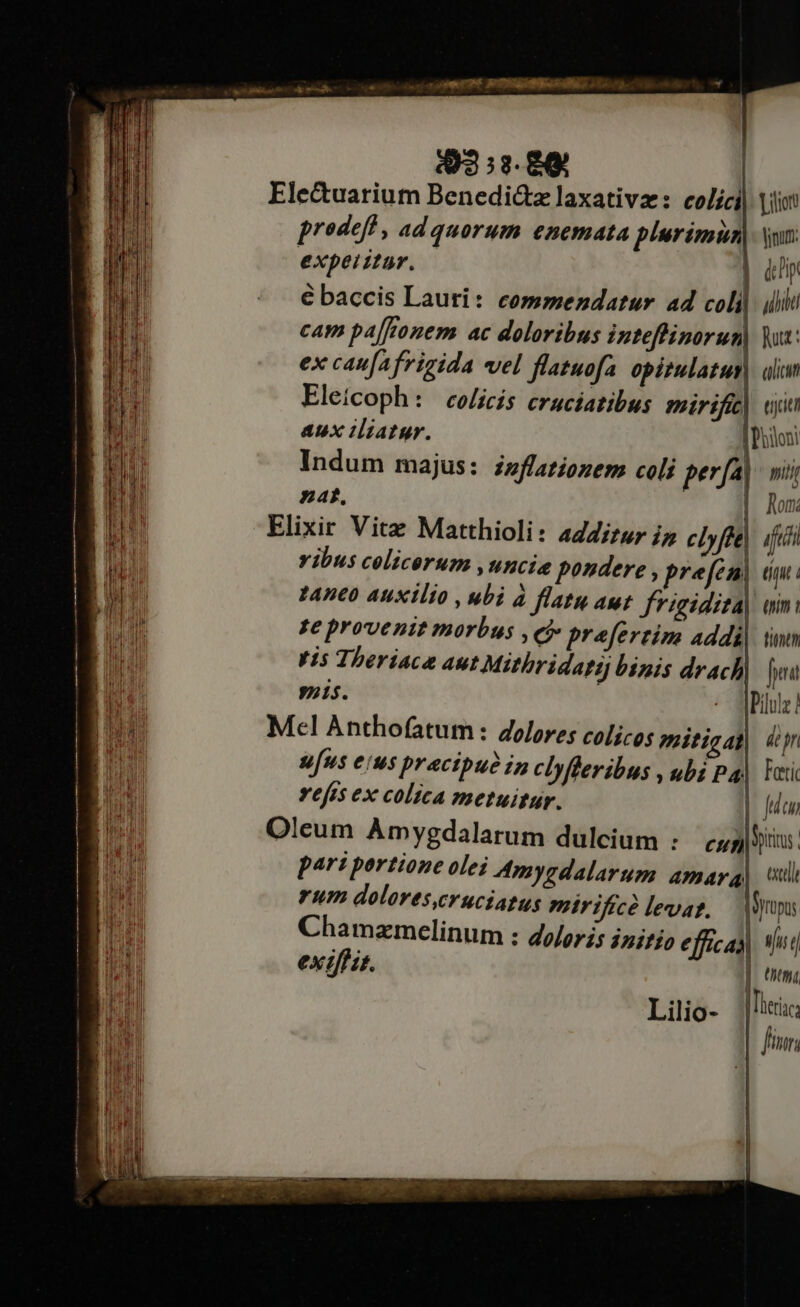 93:7. 80 Ele&amp;uarium Benedidzlaxativz: colici| Viii prodefl , ad quorum enemata plurimun| yn: experitur. — | hir € baccis Lauri: commendatur 4 coli| illi cam pa[fonem ac doloribus inteffinorun) Vut: ex canfafrigida vel flatuofa opitulatus) alan Eletcoph: colicis cruciatibus smirifí| «jit aux tliatur. | Philoni Indum majus: isflatiozem coli perf] - vit na |. Ron: Elixir Vite Matthioli: ag4jzur jp clyffel (fiii vibus colicerum ,uncie pondere , prefeni ti i t4nto auxilio , ubi à flatu aut. frigidita| uin: te provenit morbus , c preferzim addi tun is Theriaca Aut Mithridati binis drach|. |y yis. -- diBrulz ! Mcl Anthofatum: dolores colicos mitigal| dr ufus eus practpue 2n clyfleribus ubi Pa| eti refs ex colica metuitur. | fo Qleum Am ygdalarum dulcium : cups. pari portione olei Amygdalarum.: amara! ili rum doloreseeruciatus mirifice levat. [rop Chamzmcelinum : doloris initio effica Mut exiffit. tti Lilió- 1l Tleriac fir,